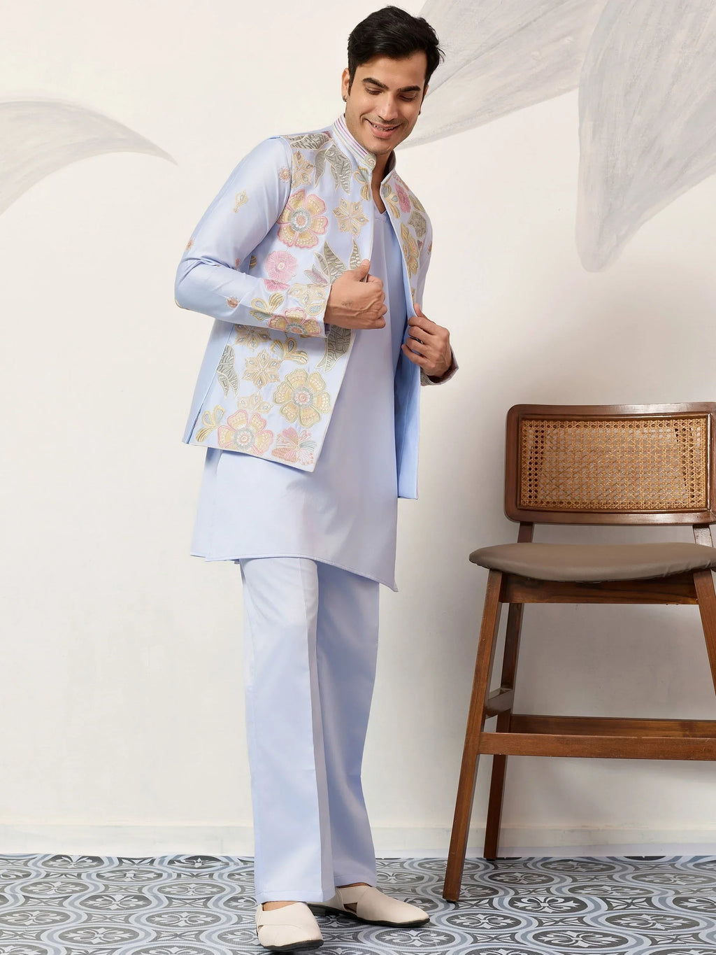 Dazzling Blue Silk Wedding Wear Men’s Kurta With Embroidered Koti