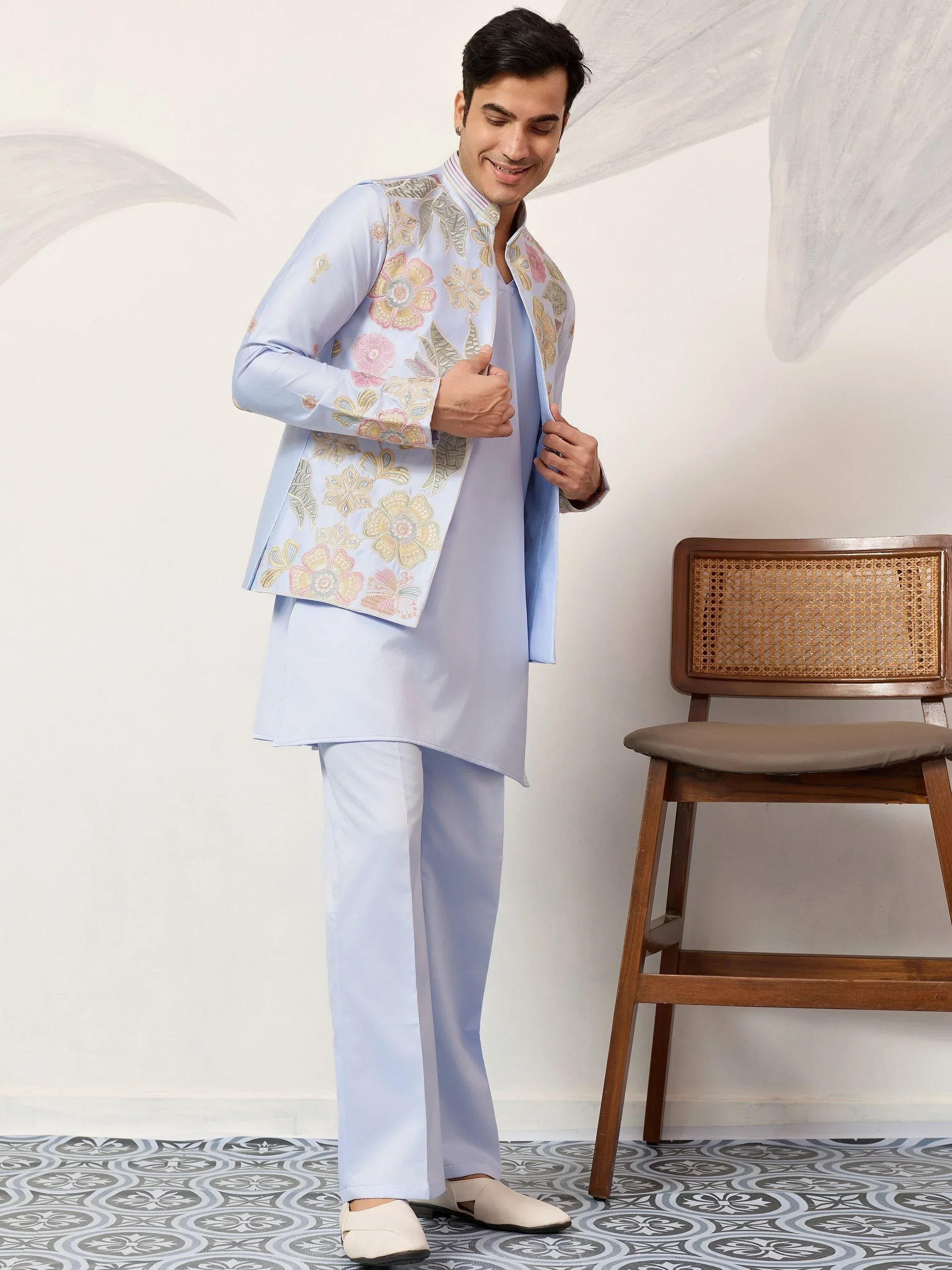 Dazzling Blue Silk Wedding Wear Men’s Kurta With Embroidered Koti