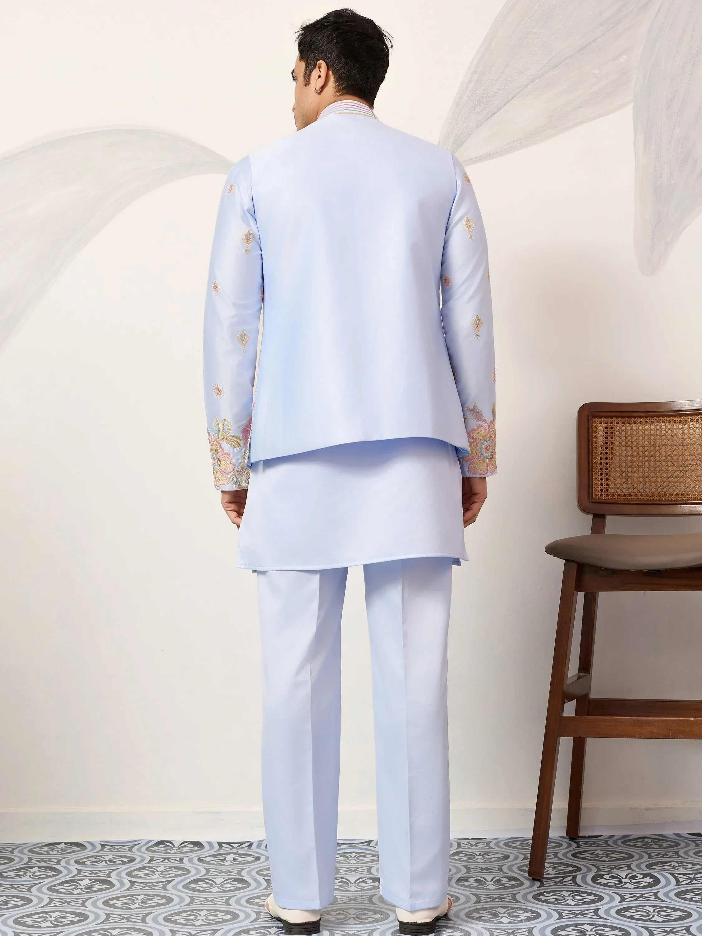 Dazzling Blue Silk Wedding Wear Men’s Kurta With Embroidered Koti