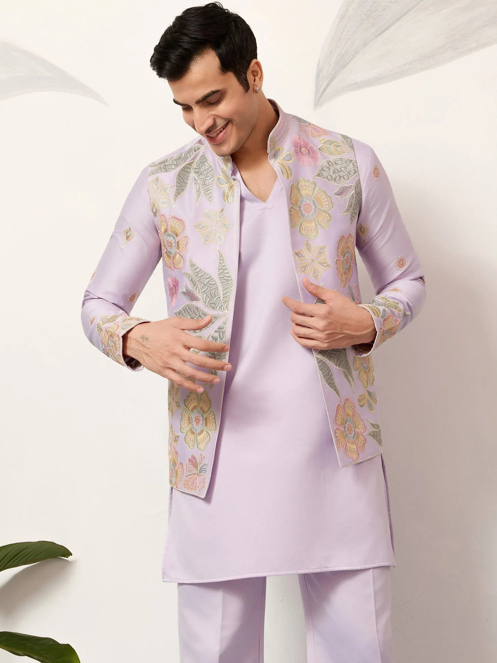 Fantastic Lavender Silk Wedding Wear Men’s Kurta With Embroidered Koti