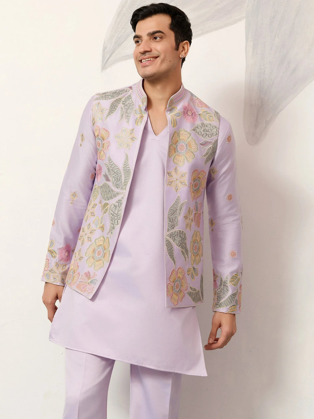 Fantastic Lavender Silk Wedding Wear Men’s Kurta With Embroidered Koti