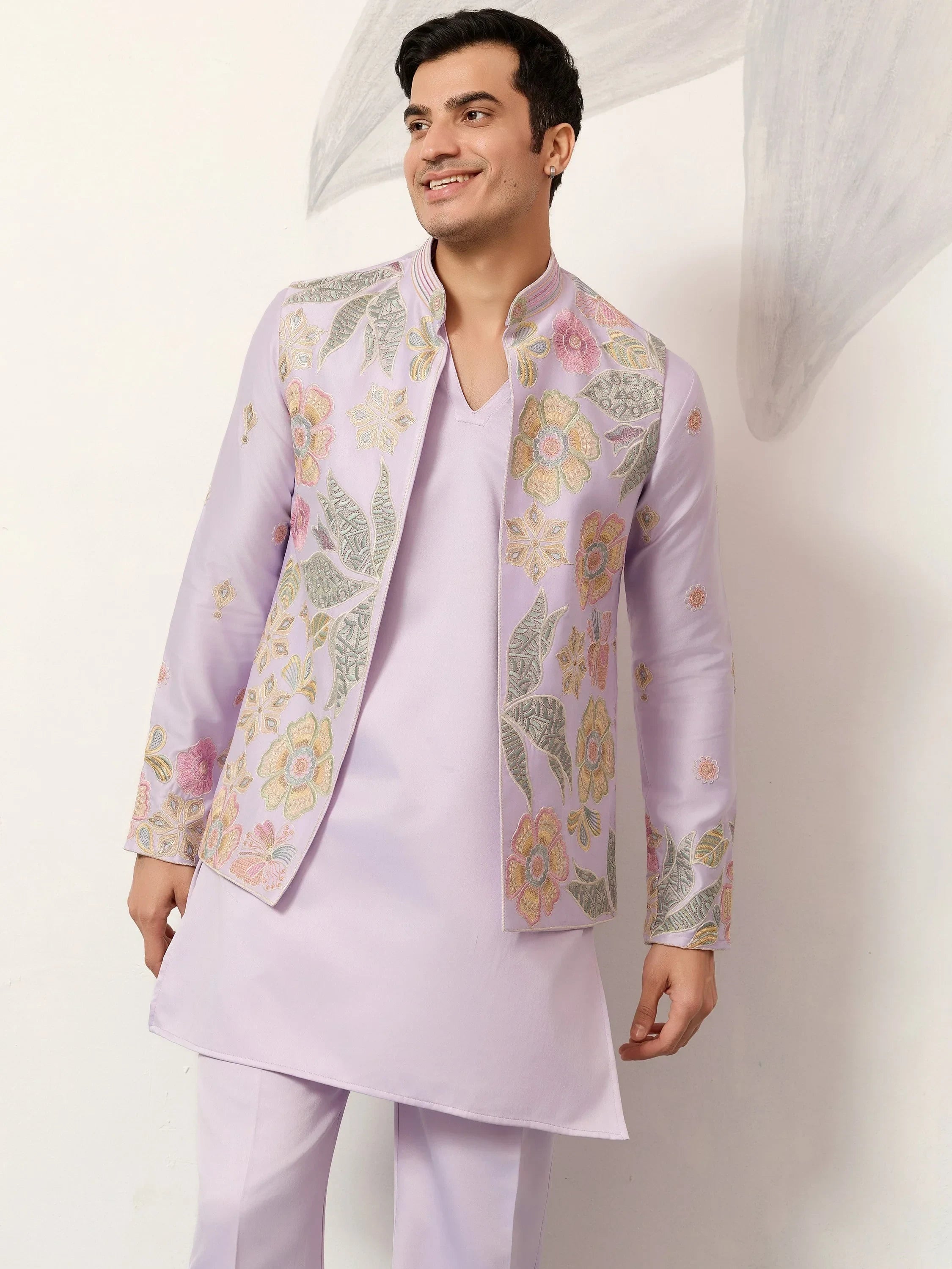 Fantastic Lavender Silk Wedding Wear Men’s Kurta With Embroidered Koti