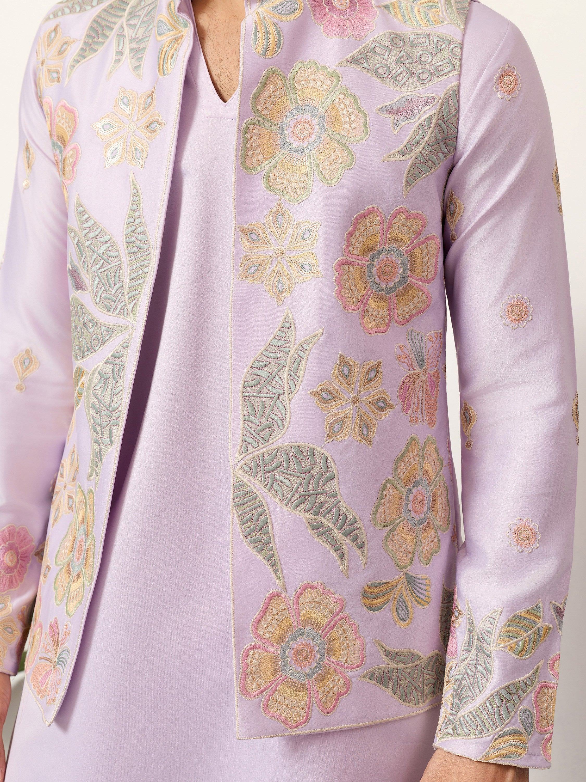 Fantastic Lavender Silk Wedding Wear Men’s Kurta With Embroidered Koti