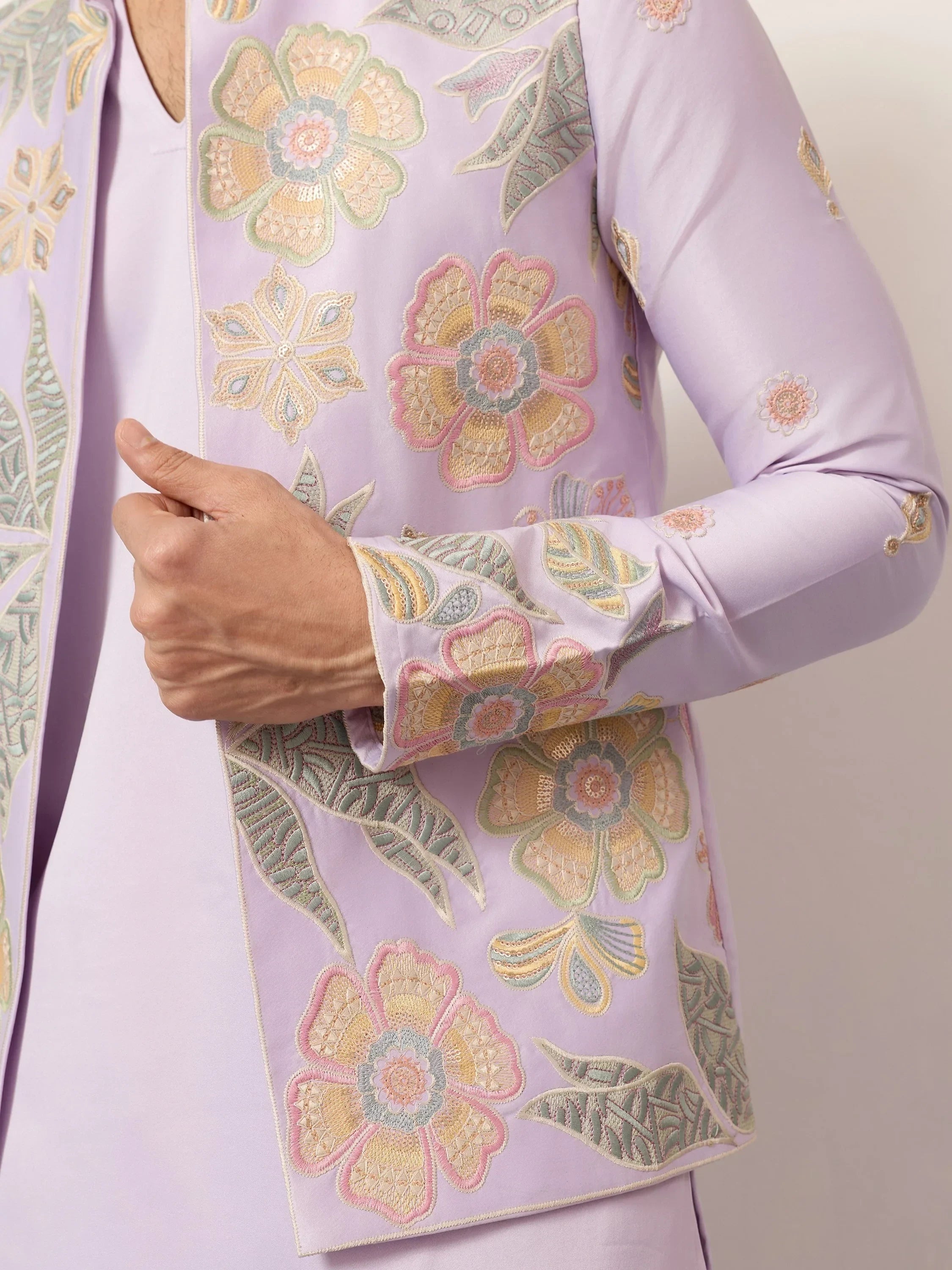 Fantastic Lavender Silk Wedding Wear Men’s Kurta With Embroidered Koti