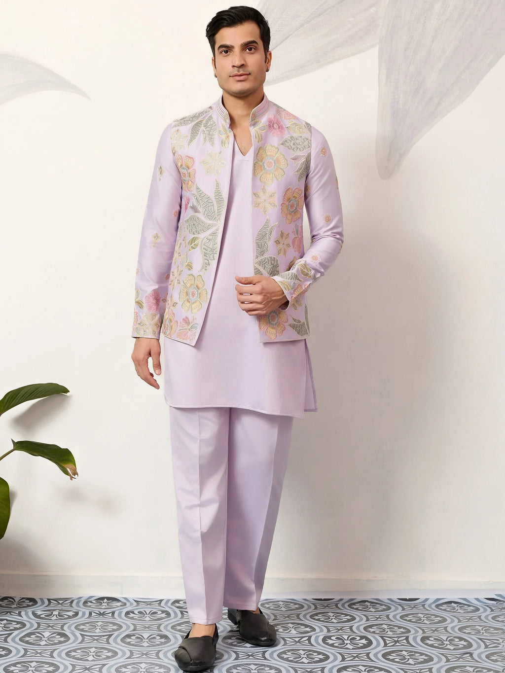 Fantastic Lavender Silk Wedding Wear Men’s Kurta With Embroidered Koti