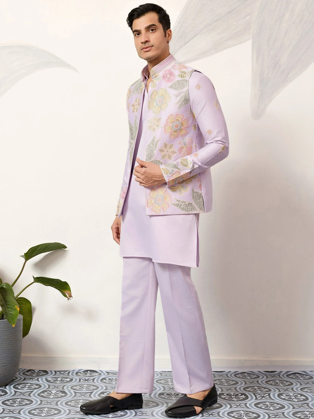 Fantastic Lavender Silk Wedding Wear Men’s Kurta With Embroidered Koti