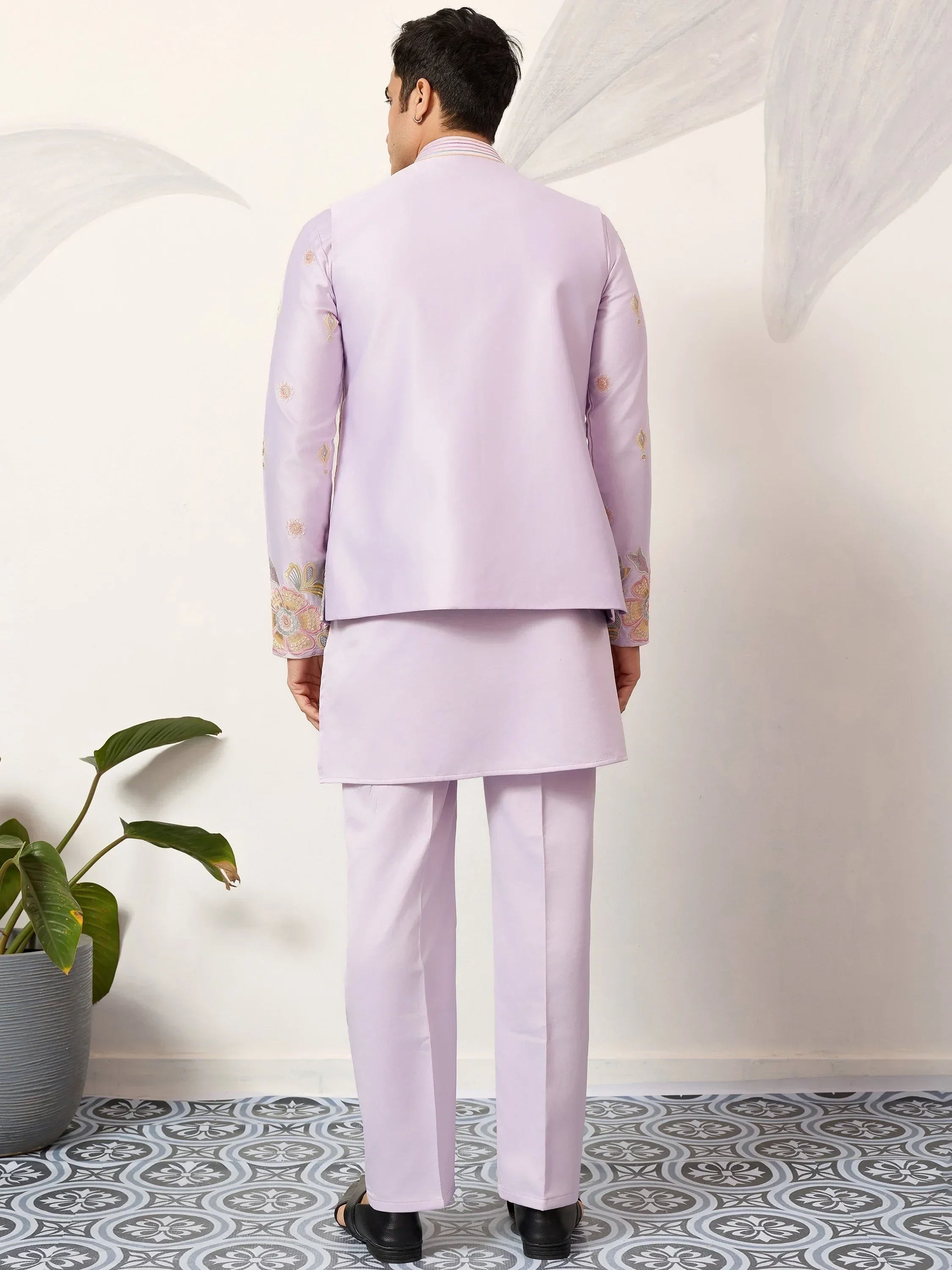 Fantastic Lavender Silk Wedding Wear Men’s Kurta With Embroidered Koti