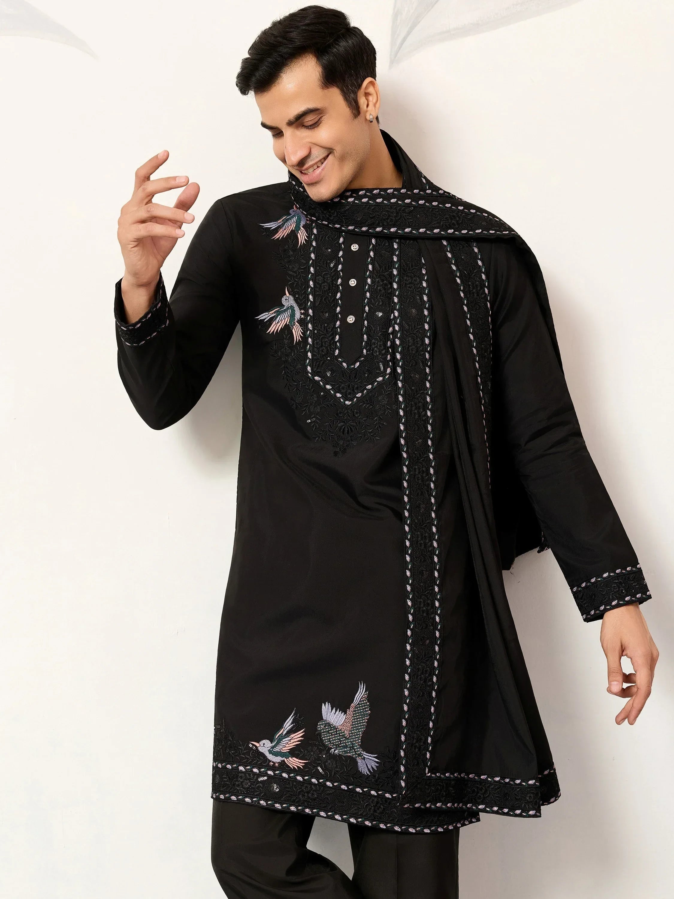 Fabulous Black Embroidered Silk Wedding Wear Men’s Kurta With Dupatta