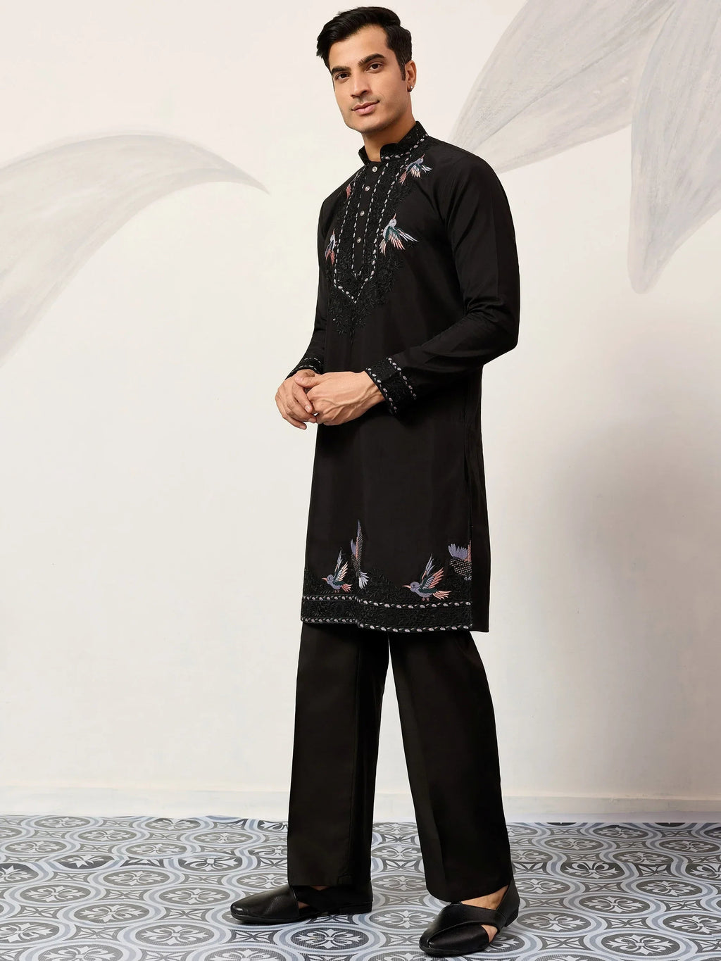 Fabulous Black Embroidered Silk Wedding Wear Men’s Kurta With Dupatta