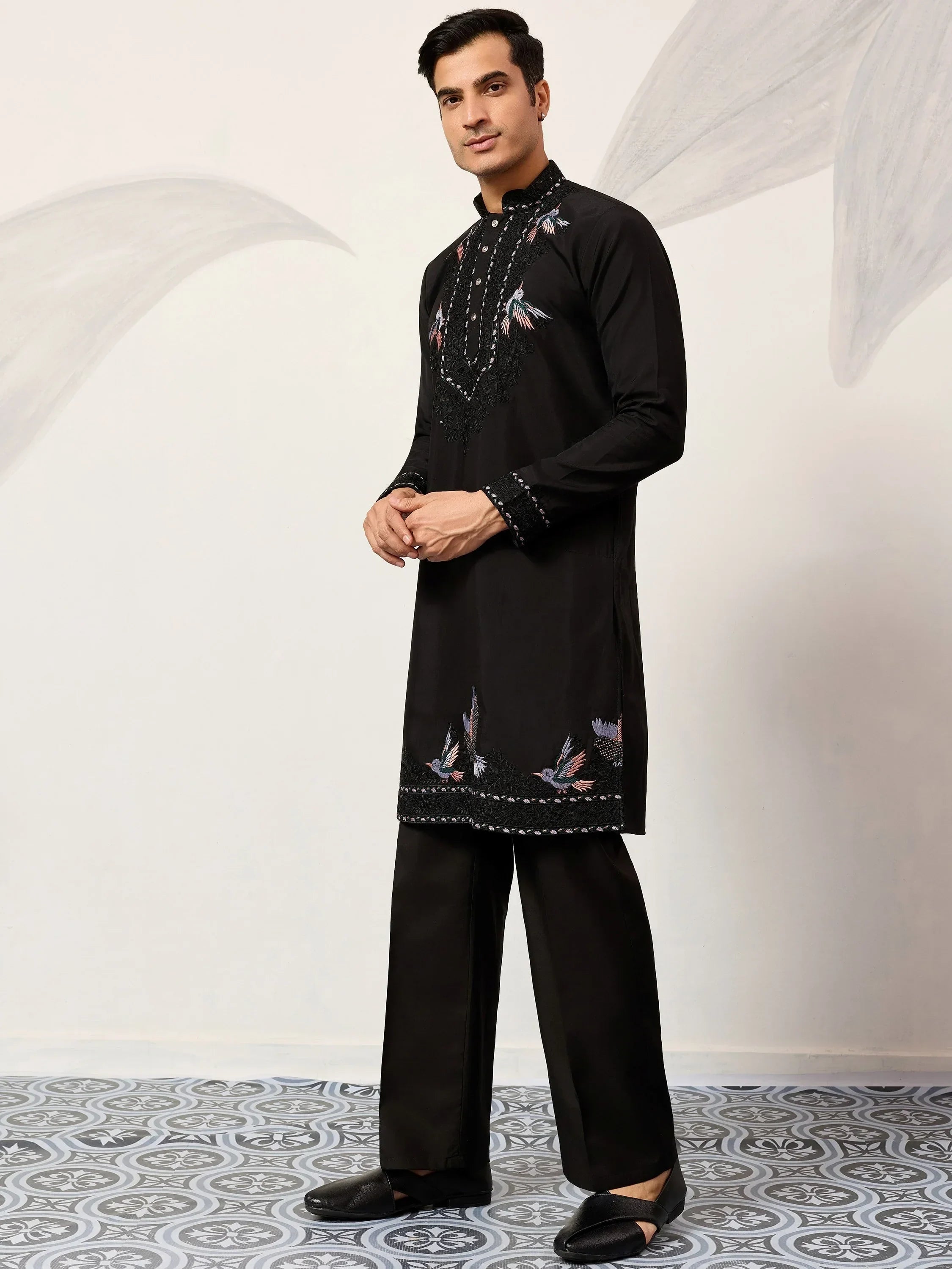 Fabulous Black Embroidered Silk Wedding Wear Men’s Kurta With Dupatta
