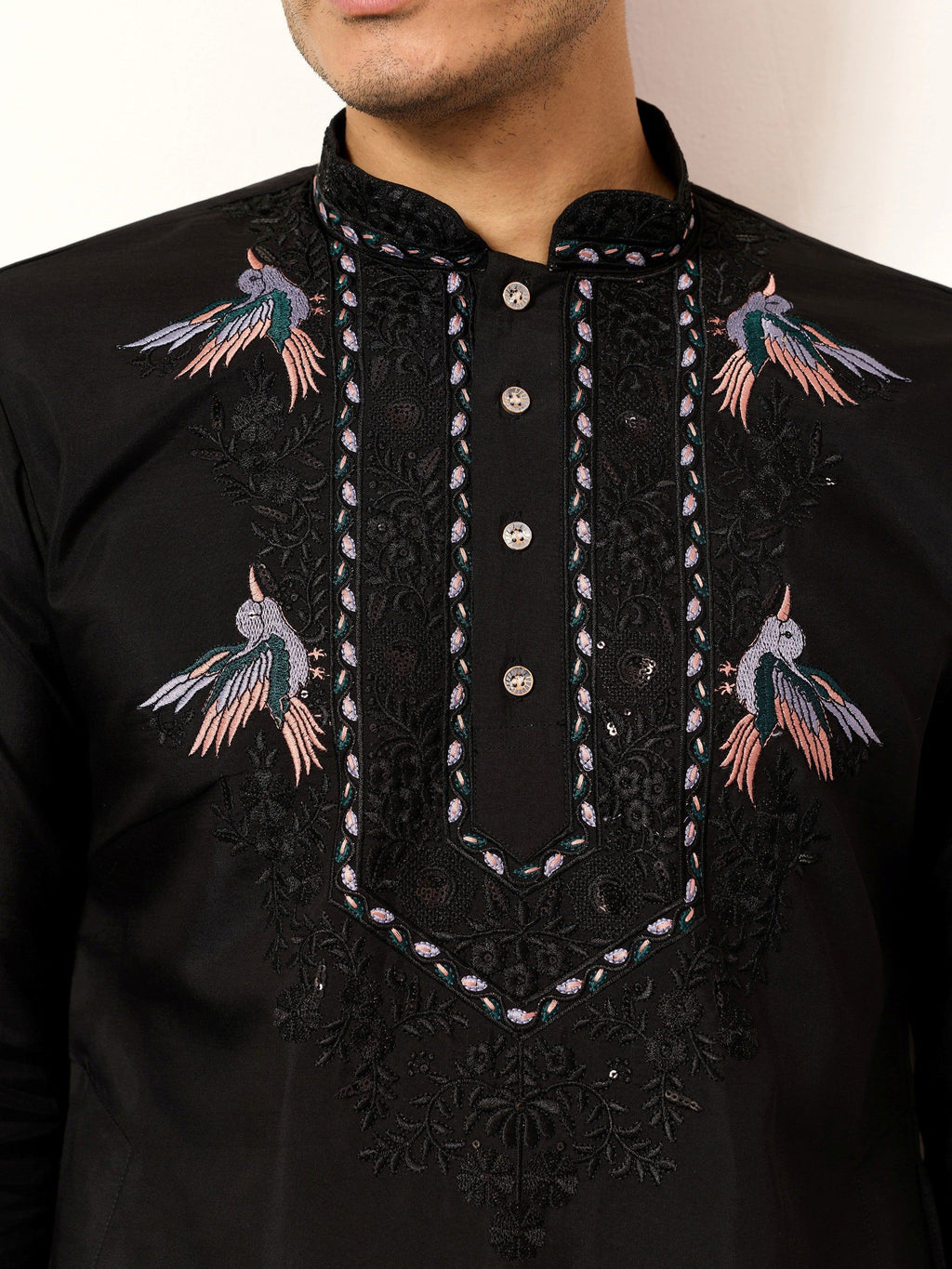 Fabulous Black Embroidered Silk Wedding Wear Men’s Kurta With Dupatta