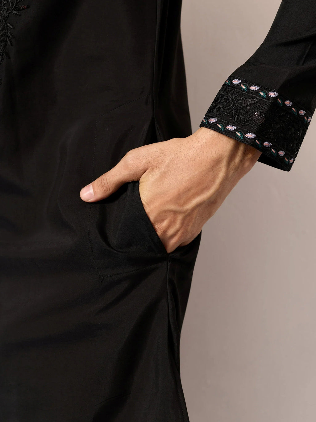 Fabulous Black Embroidered Silk Wedding Wear Men’s Kurta With Dupatta
