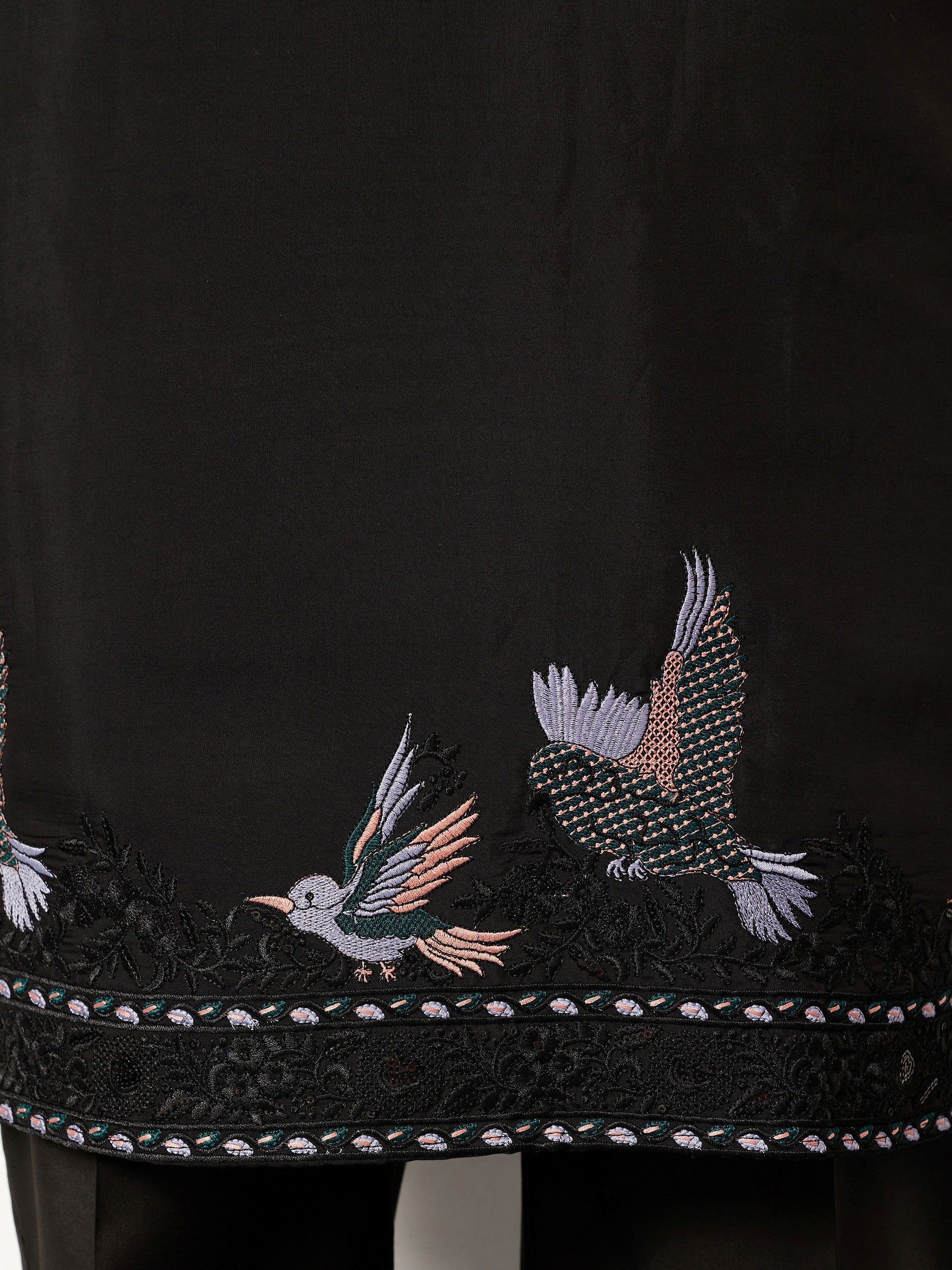 Fabulous Black Embroidered Silk Wedding Wear Men’s Kurta With Dupatta