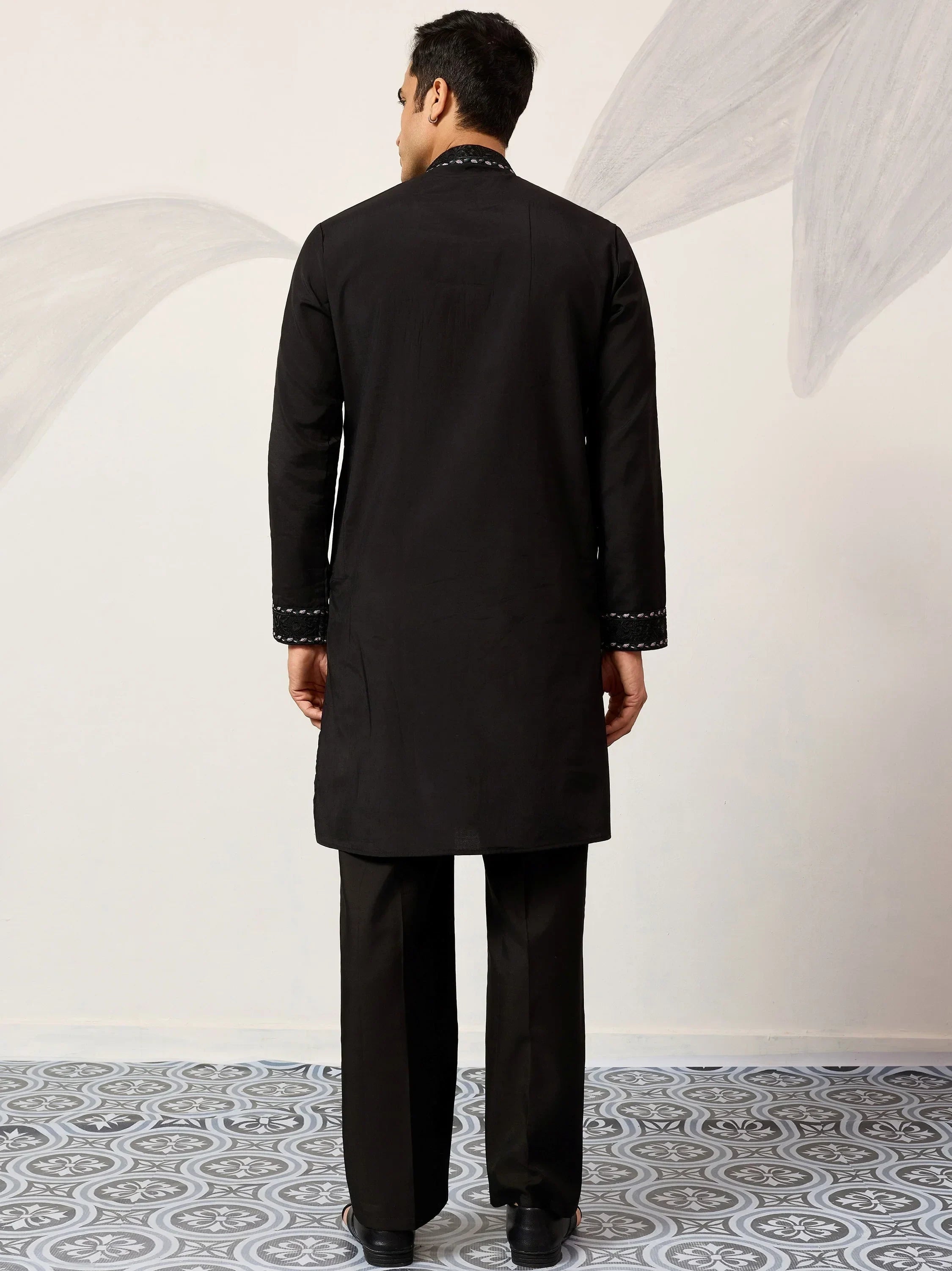 Fabulous Black Embroidered Silk Wedding Wear Men’s Kurta With Dupatta
