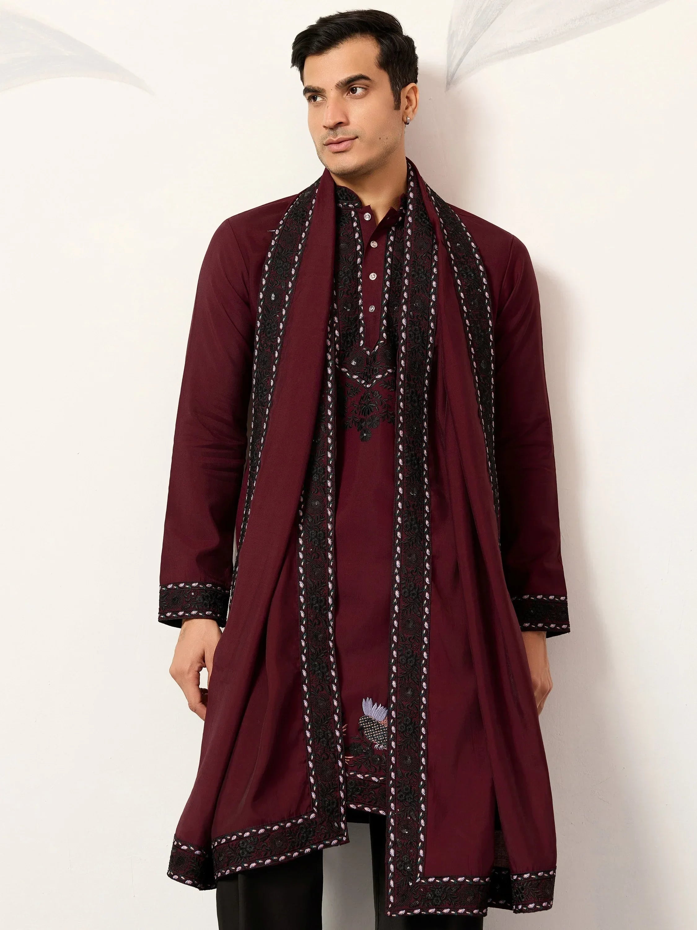 Classic Maroon Embroidered Silk Function Wear Men’s Kurta With Dupatta