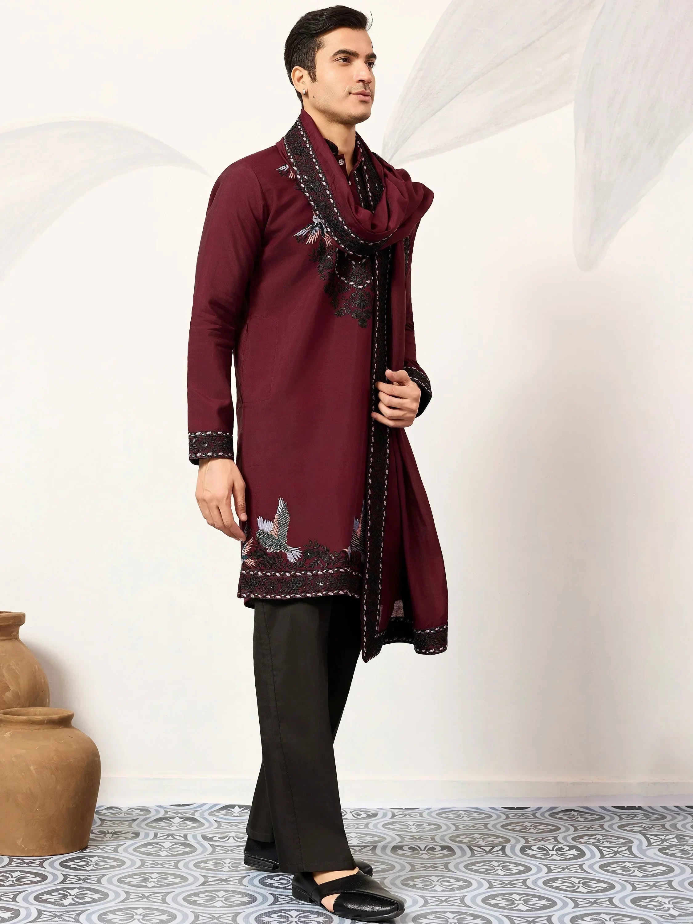 Classic Maroon Embroidered Silk Function Wear Men’s Kurta With Dupatta