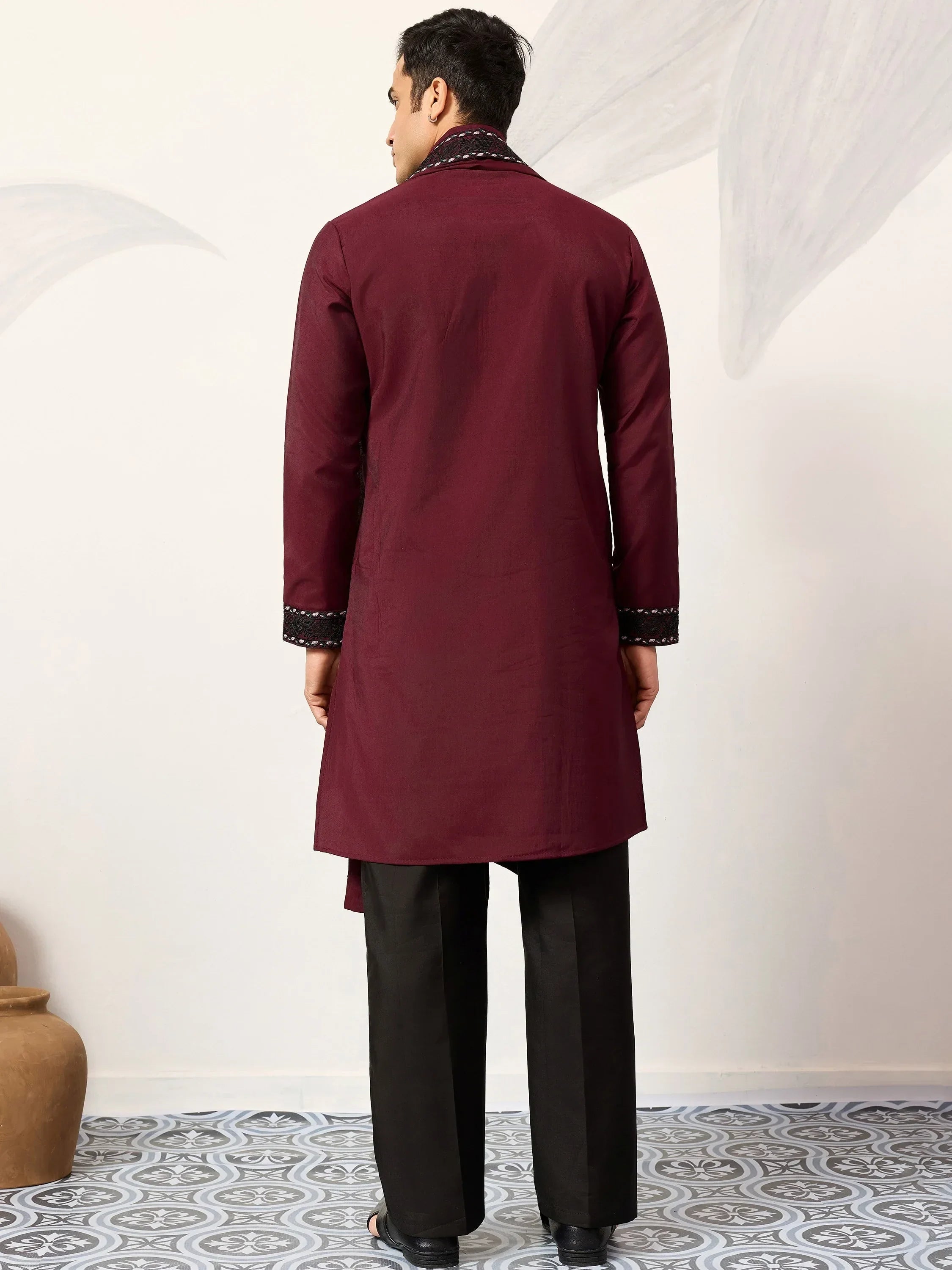 Classic Maroon Embroidered Silk Function Wear Men’s Kurta With Dupatta