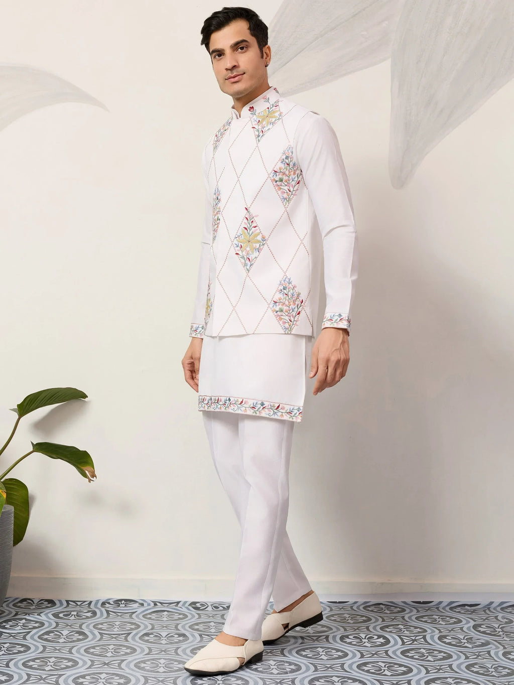 Lovely White Embroidered Silk Festive Wear Men’s Kurta Set With Jacket
