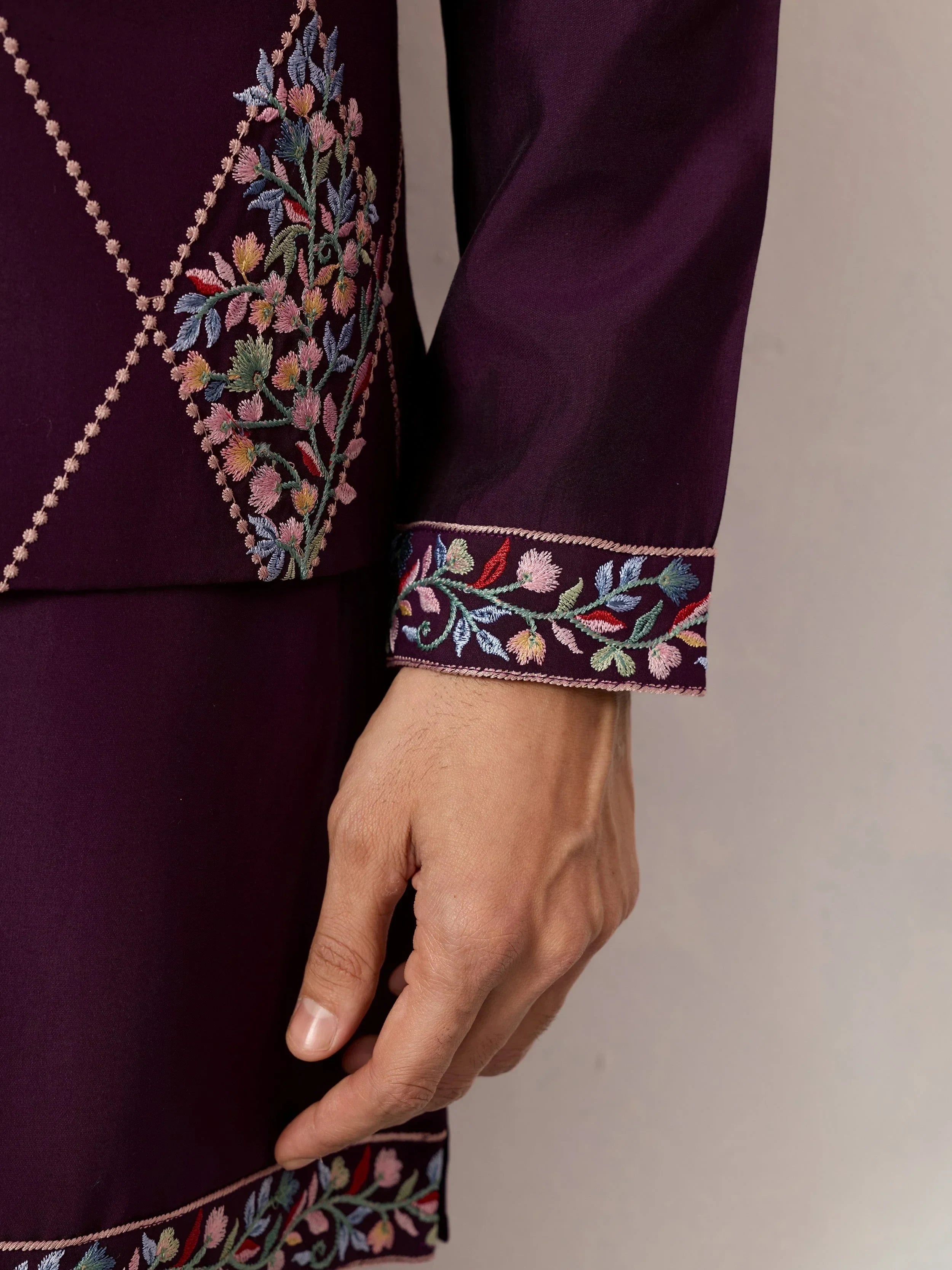 Pretty Wine Embroidered Silk Function Wear Men’s Kurta Set With Jacket
