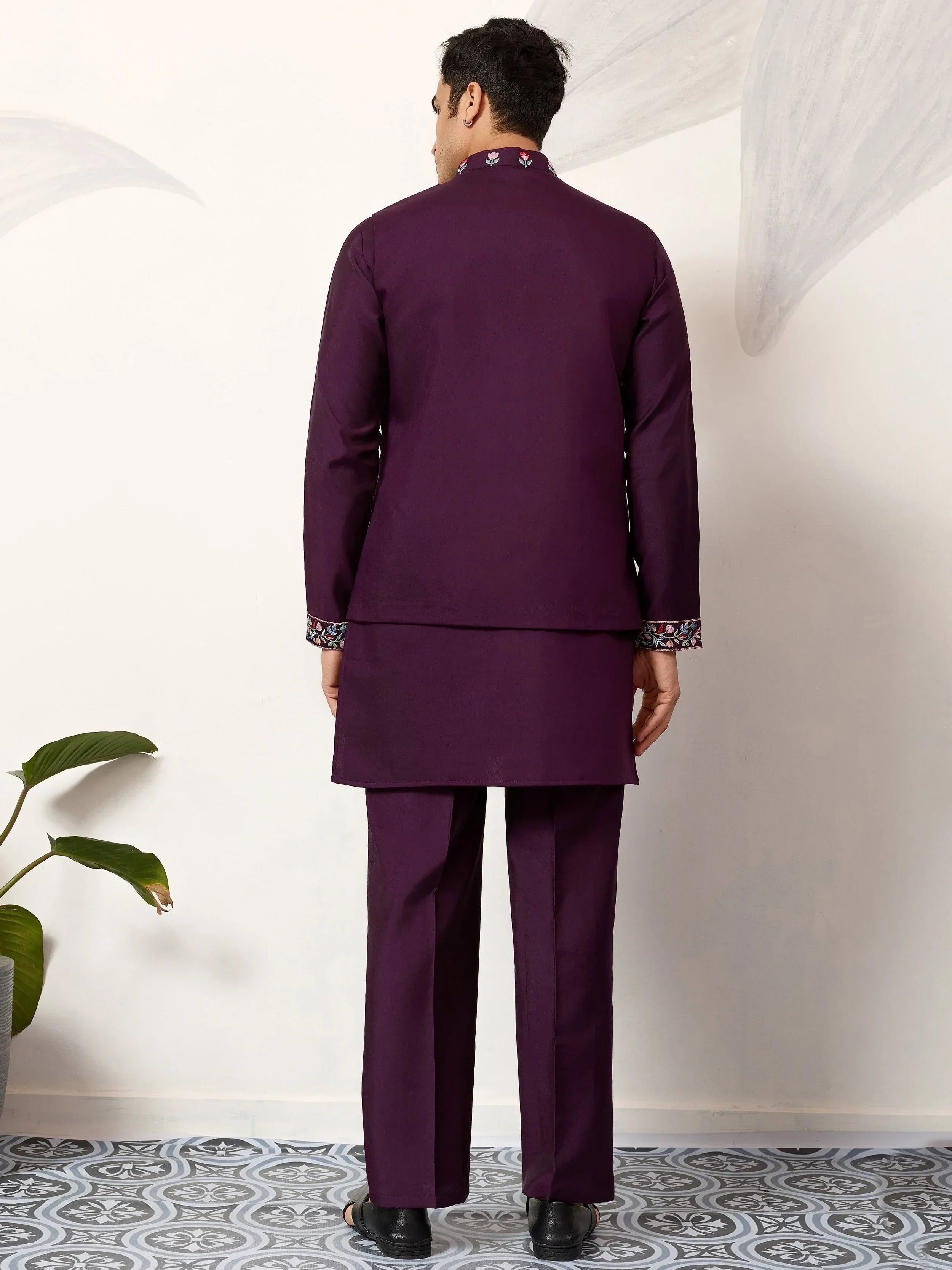 Pretty Wine Embroidered Silk Function Wear Men’s Kurta Set With Jacket