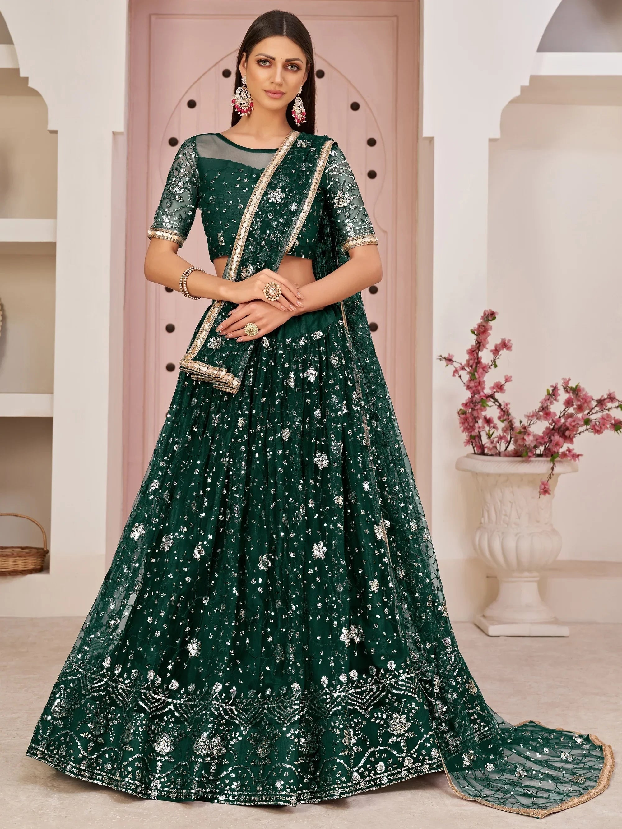 Bottle Green Awesome Bottle Sequins Embroidered Net Lehenga Choli