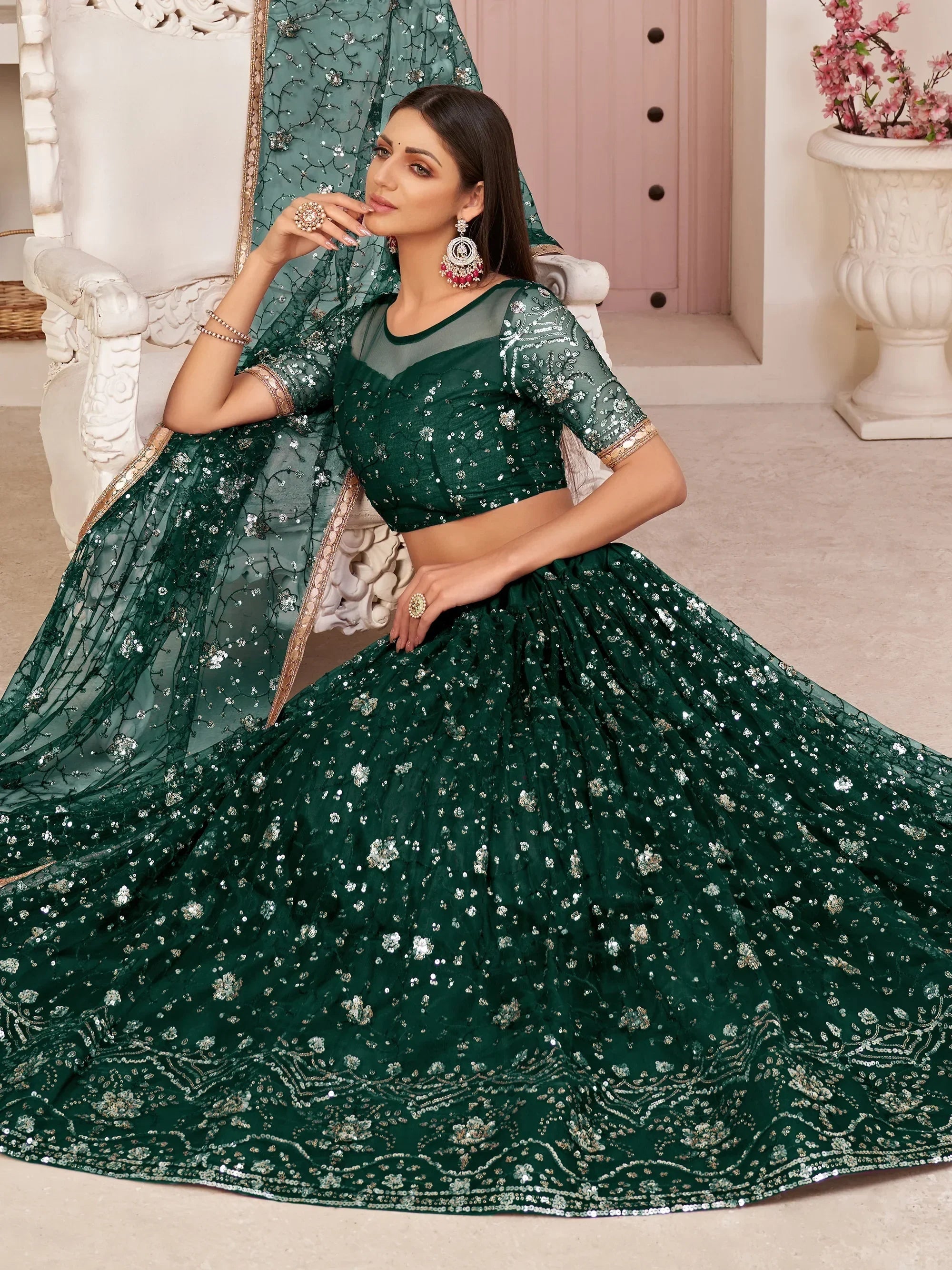 Bottle Green Awesome Bottle Sequins Embroidered Net Lehenga Choli