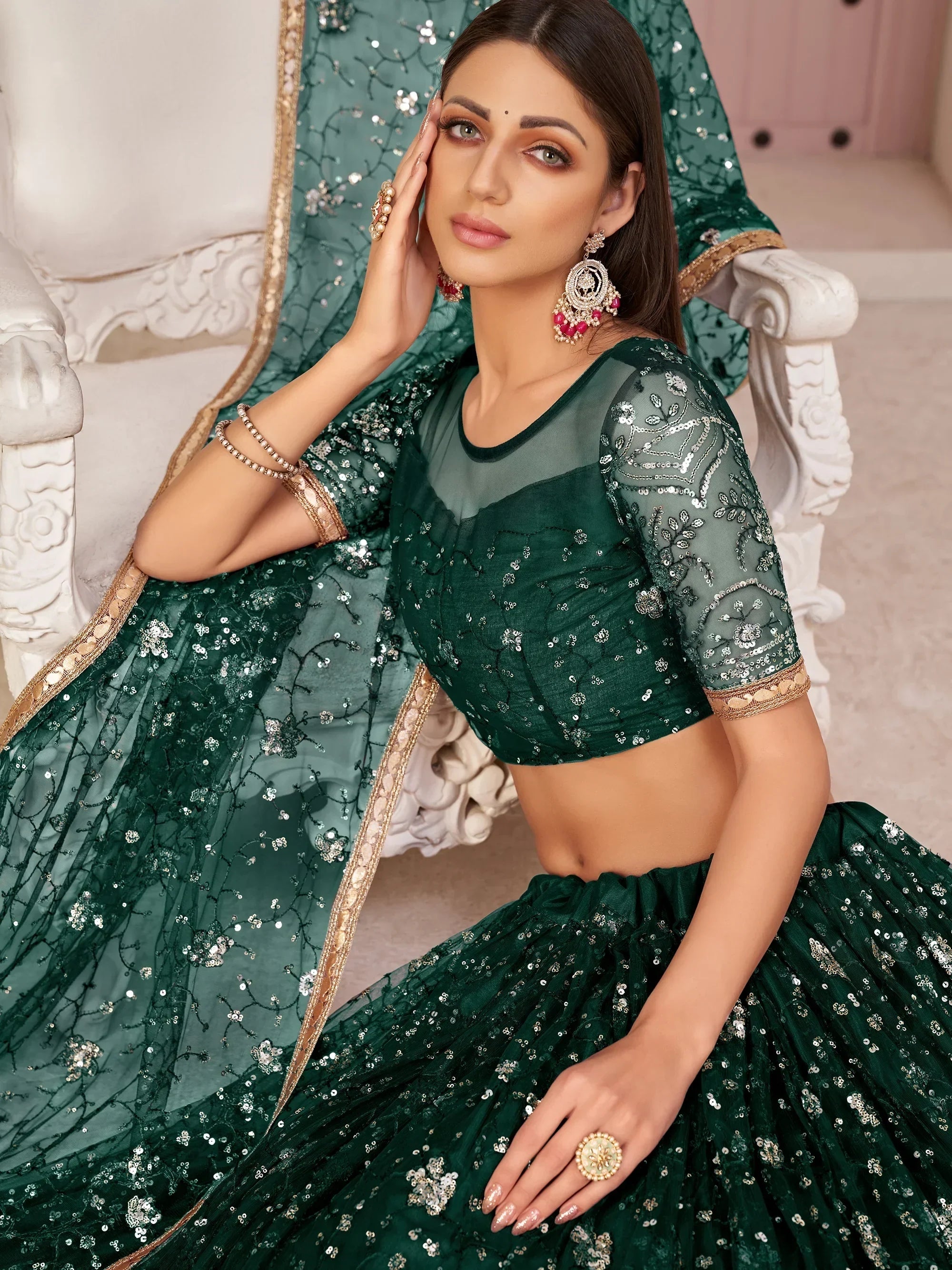 Bottle Green Awesome Bottle Sequins Embroidered Net Lehenga Choli