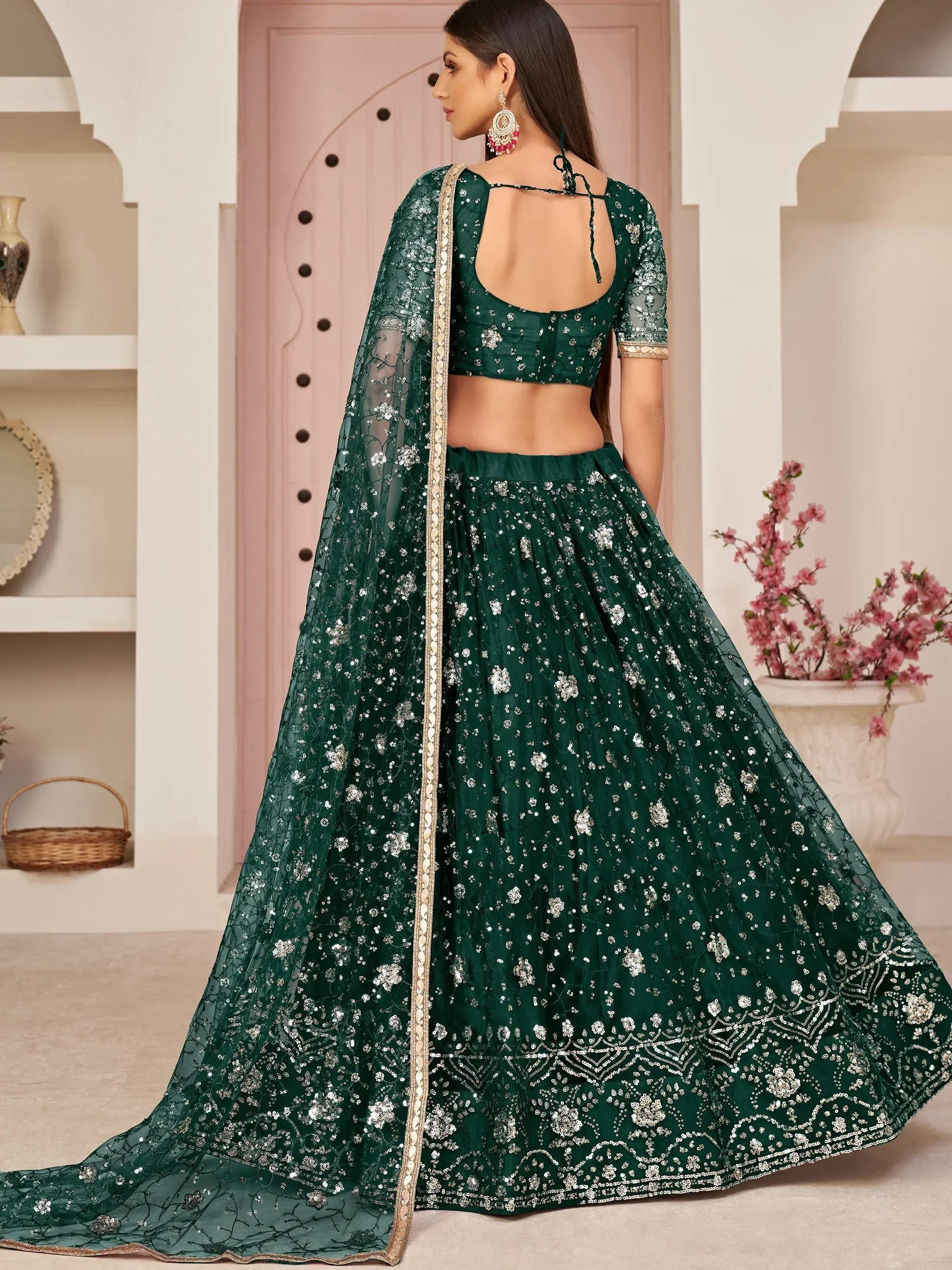 Bottle Green Awesome Bottle Sequins Embroidered Net Lehenga Choli