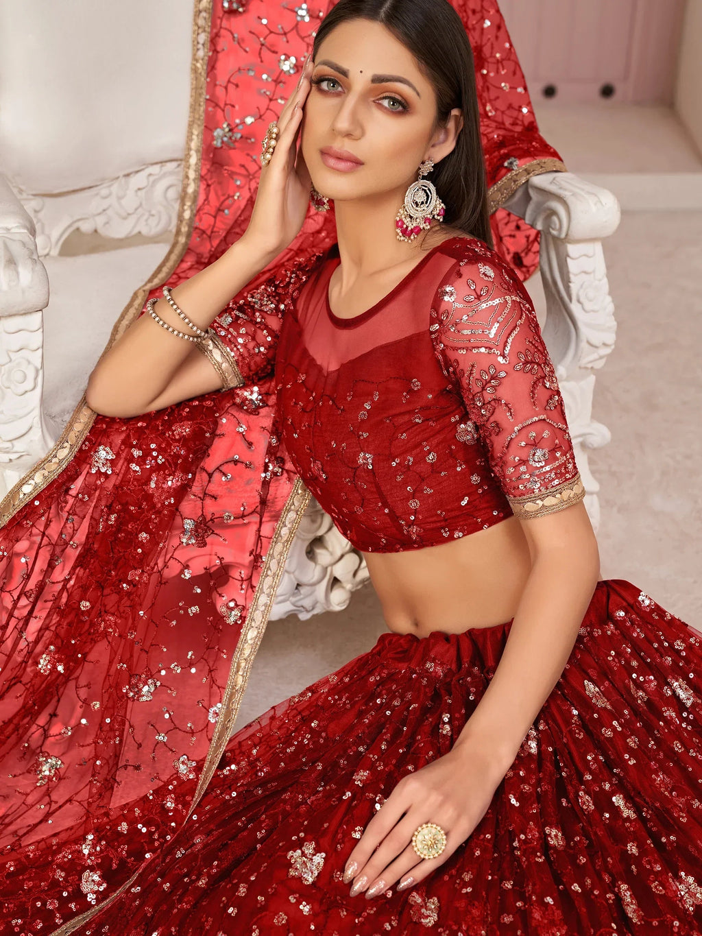 Red Awesome Bottle Sequins Embroidered Net Lehenga Choli