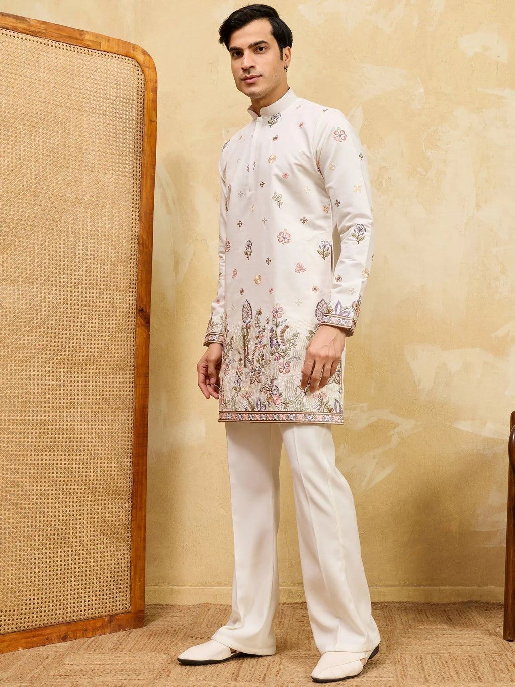 Dazzling Off-White Embroidered Silk Wedding Wear Men’s Kurta