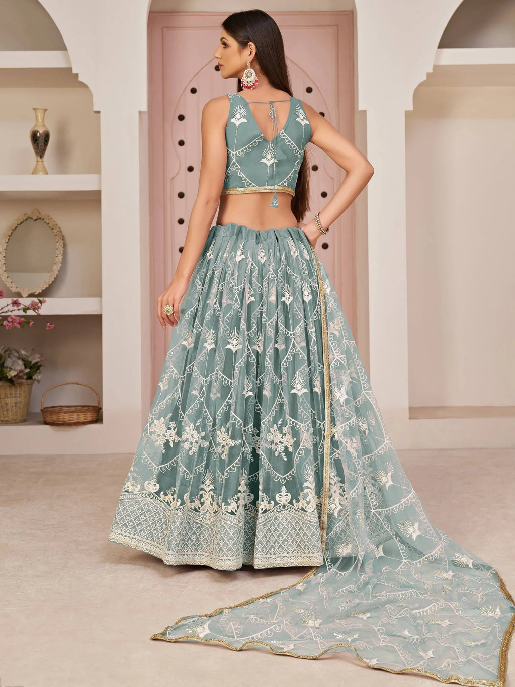Blue Excellent Thread Embroidered Net Festive Wear Lehenga Choli