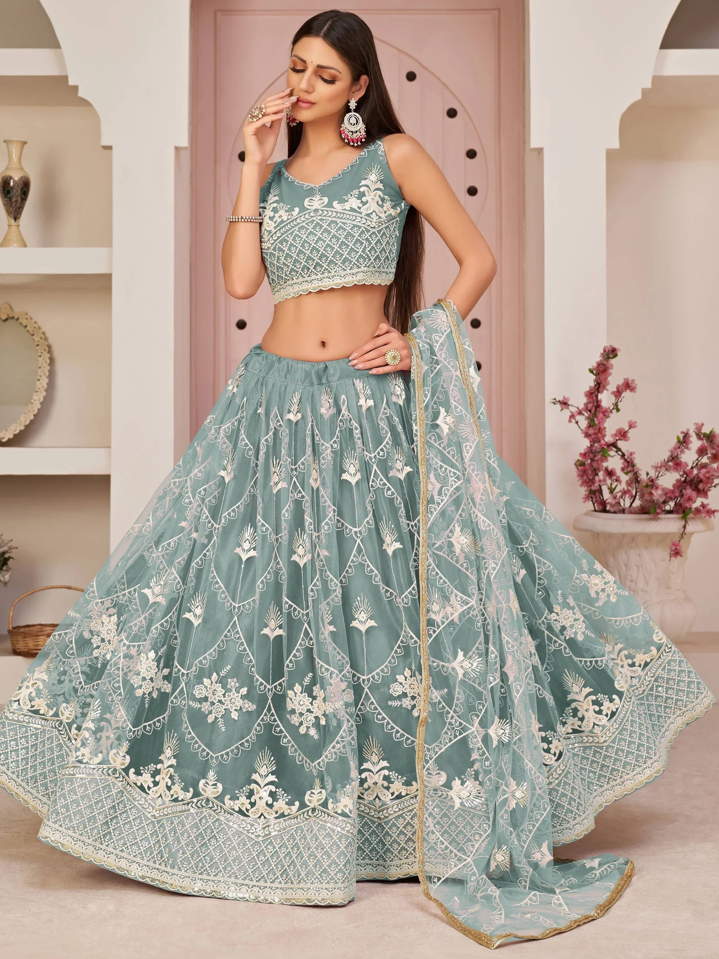Blue Excellent Thread Embroidered Net Festive Wear Lehenga Choli