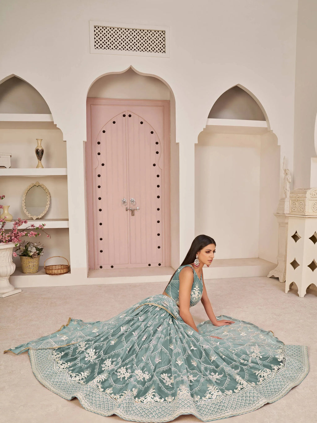 Blue Excellent Thread Embroidered Net Festive Wear Lehenga Choli