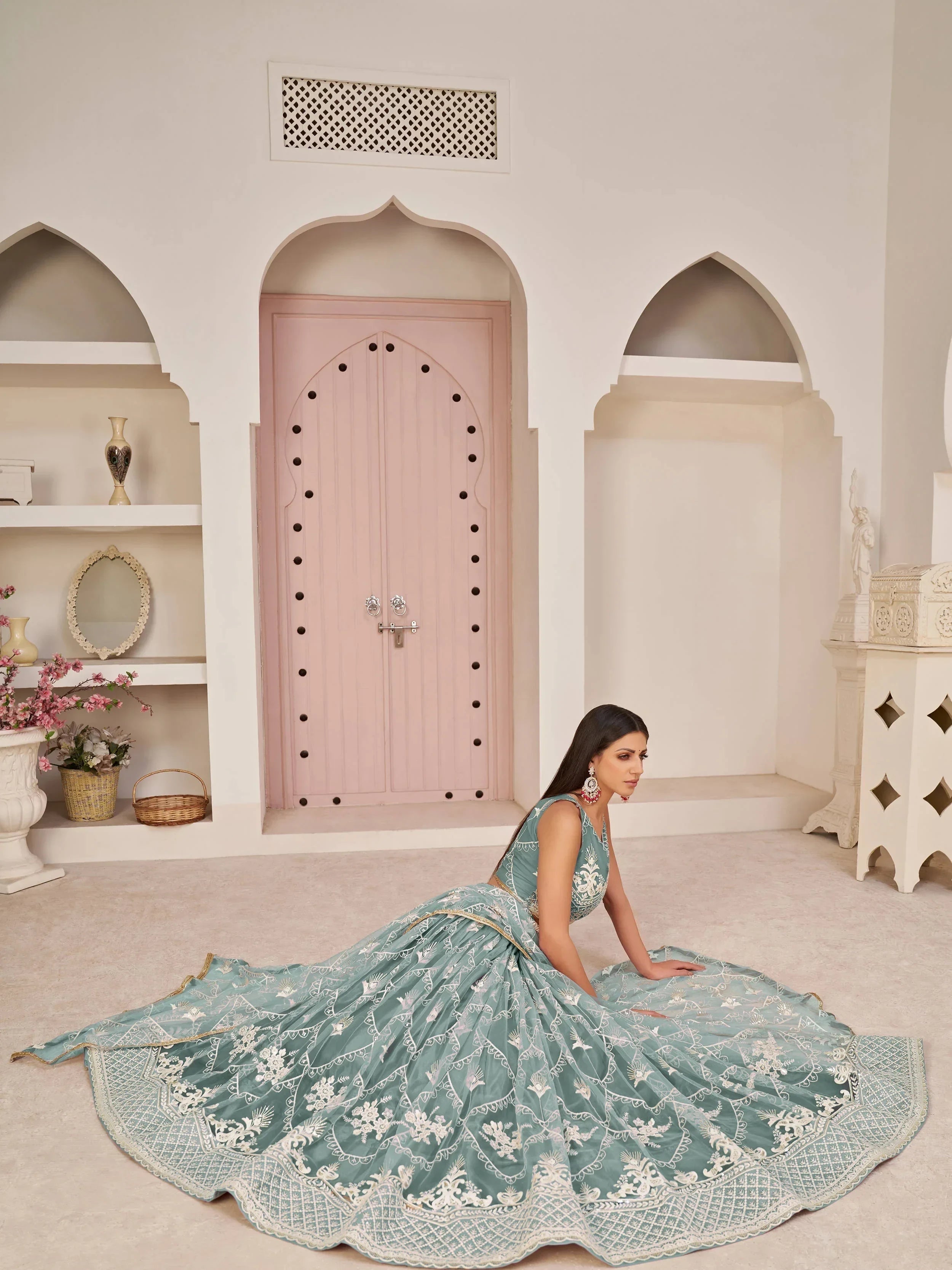 Blue Excellent Thread Embroidered Net Festive Wear Lehenga Choli