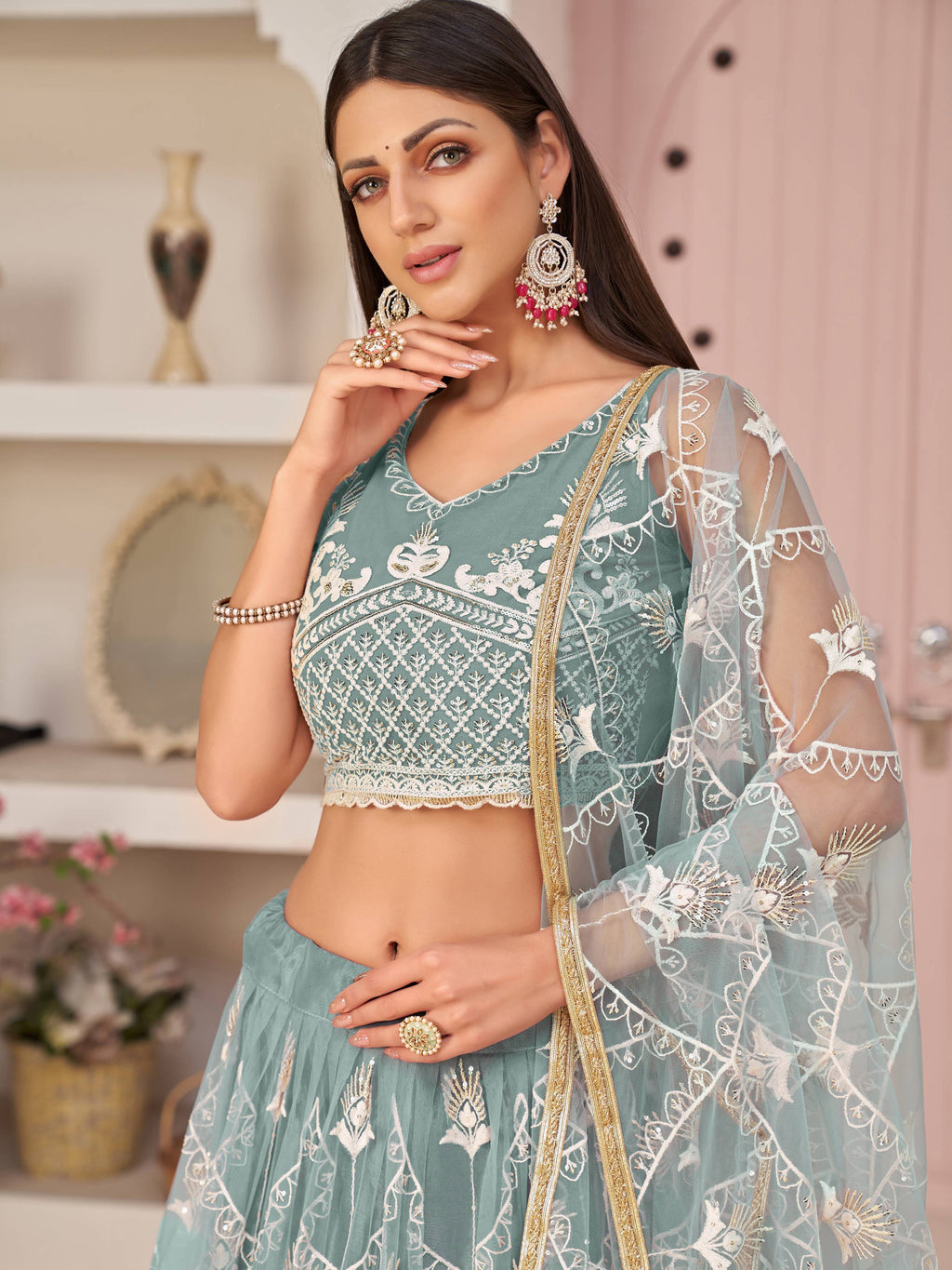 Blue Excellent Thread Embroidered Net Festive Wear Lehenga Choli