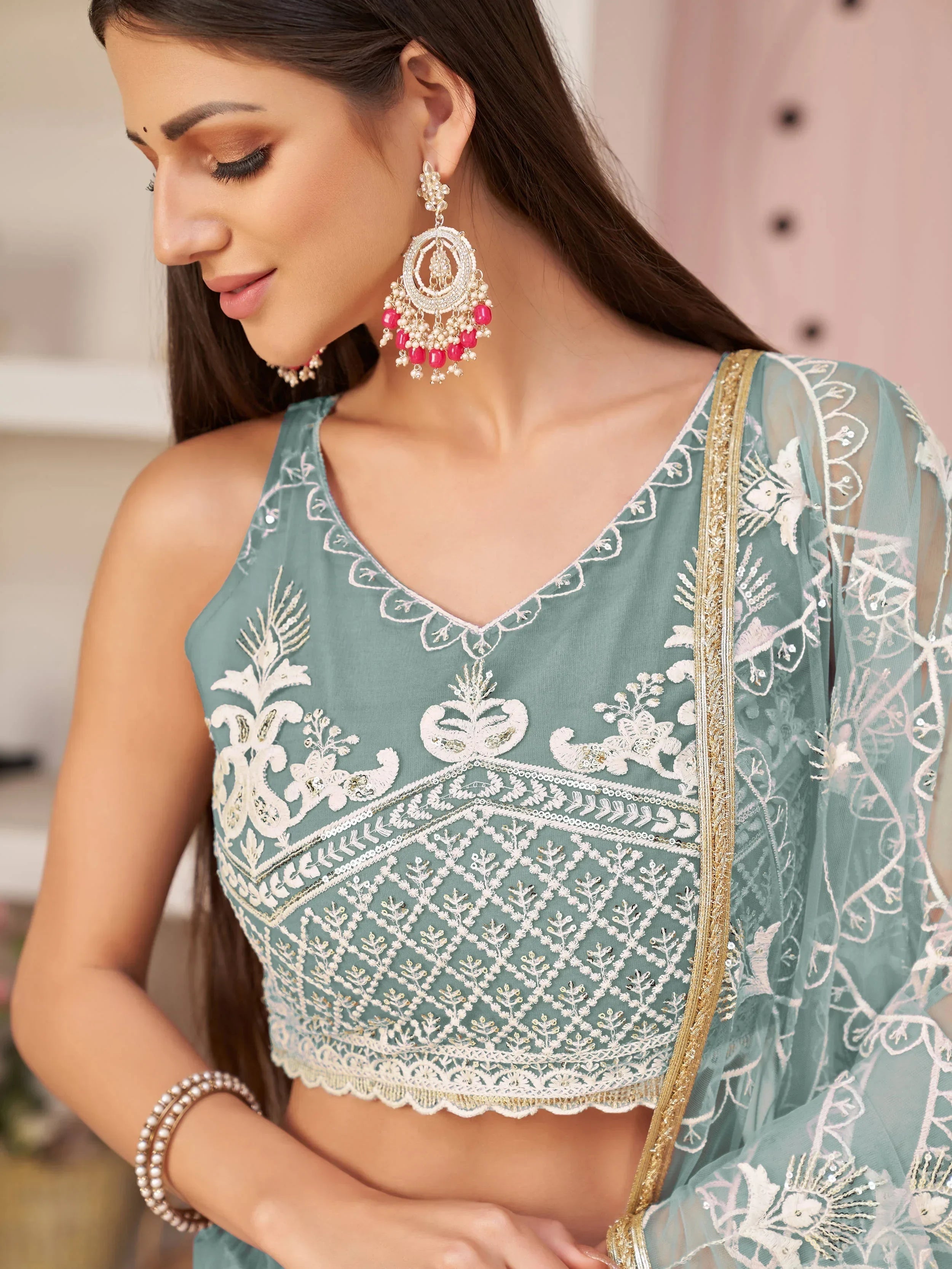 Blue Excellent Thread Embroidered Net Festive Wear Lehenga Choli