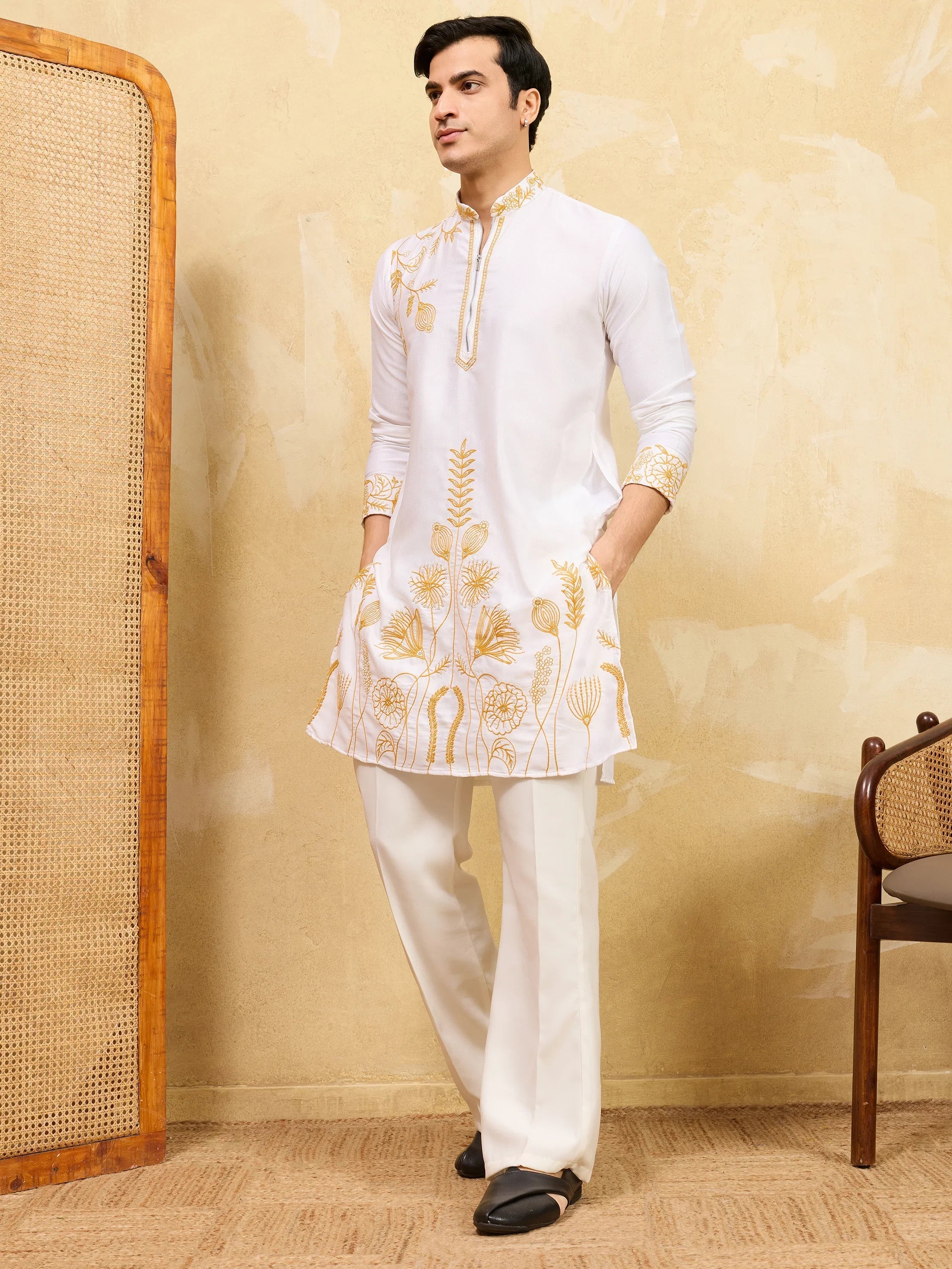 Adorning White Thread Work Silk Festival Wear Men’s Kurta