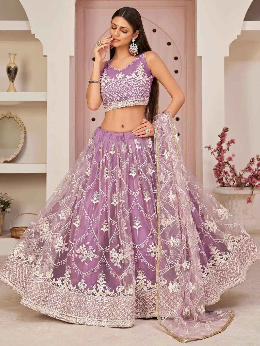 Purple Excellent Thread Embroidered Net Festive Wear Lehenga Choli