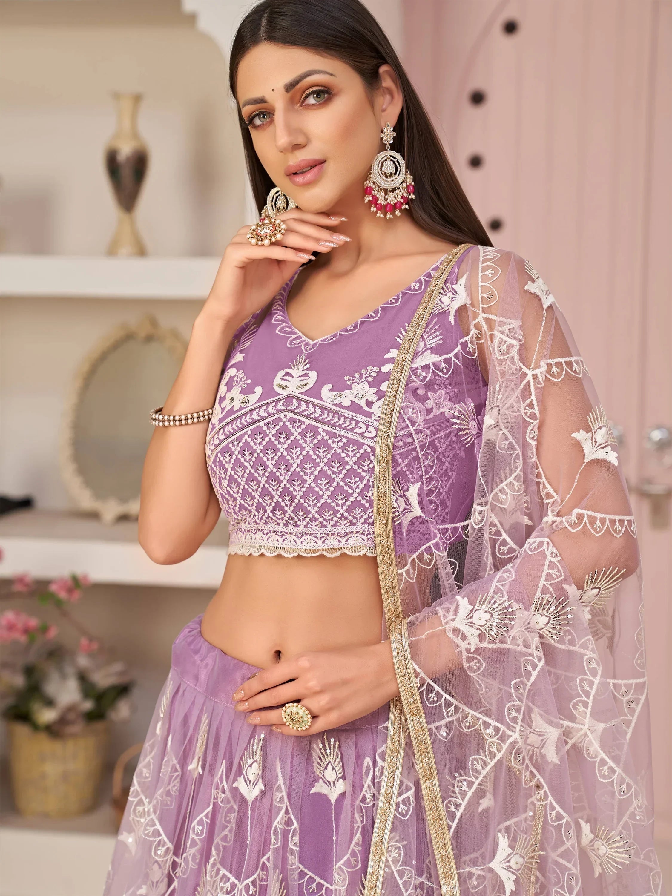 Purple Excellent Thread Embroidered Net Festive Wear Lehenga Choli