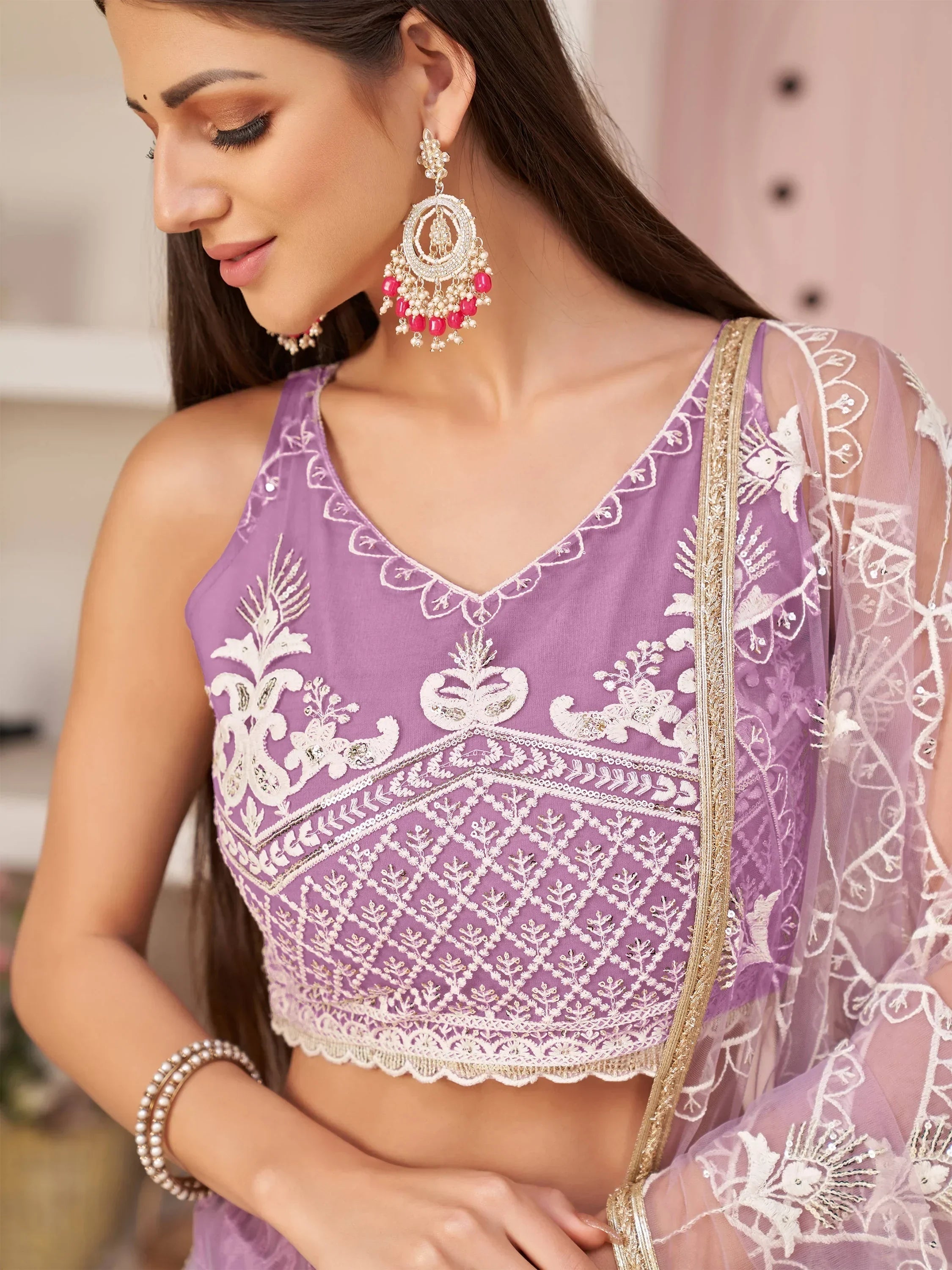 Purple Excellent Thread Embroidered Net Festive Wear Lehenga Choli