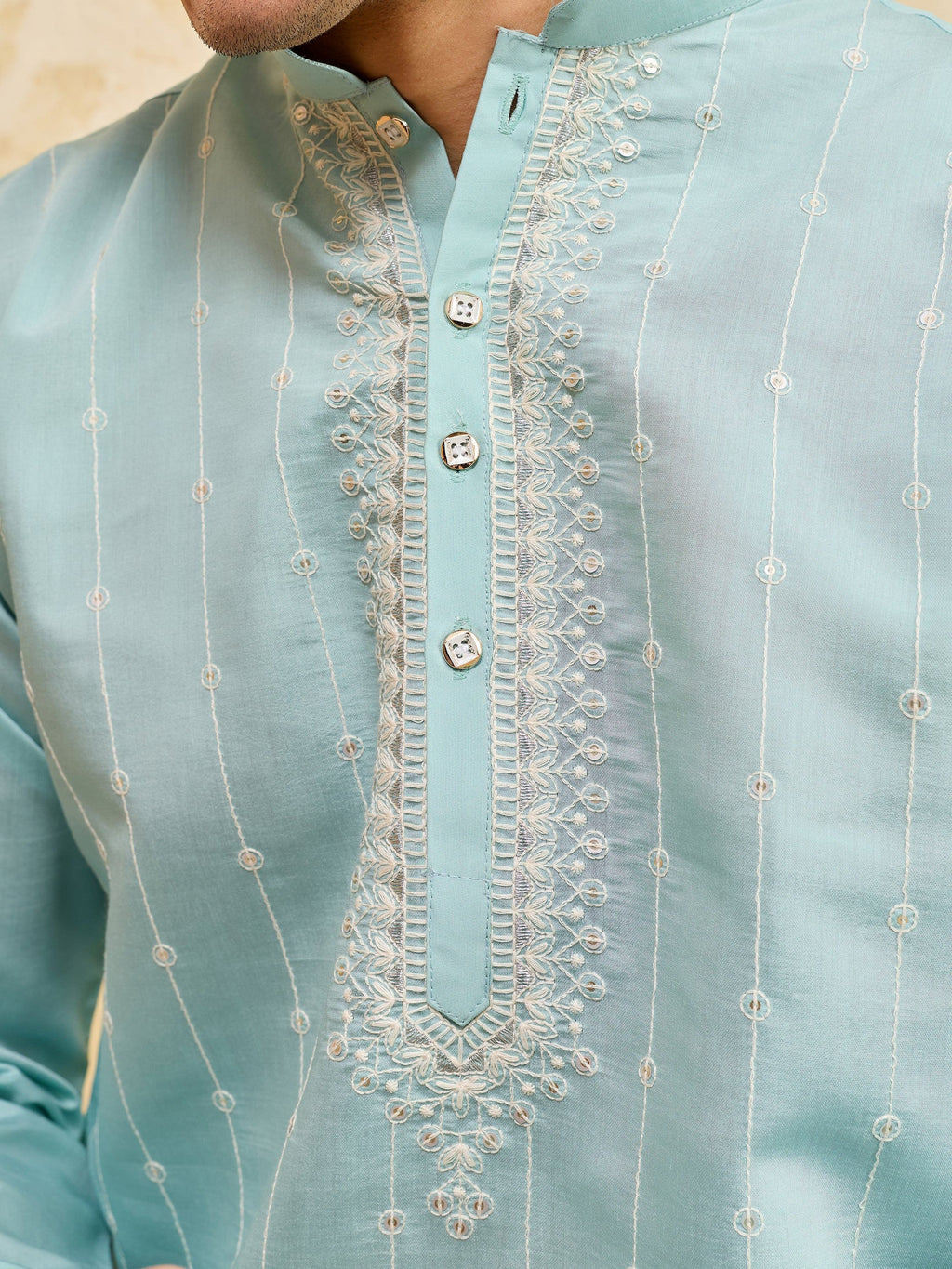 Stylish Sky-Blue Thread Embroidered Silk Wedding Wear Men’s Kurta