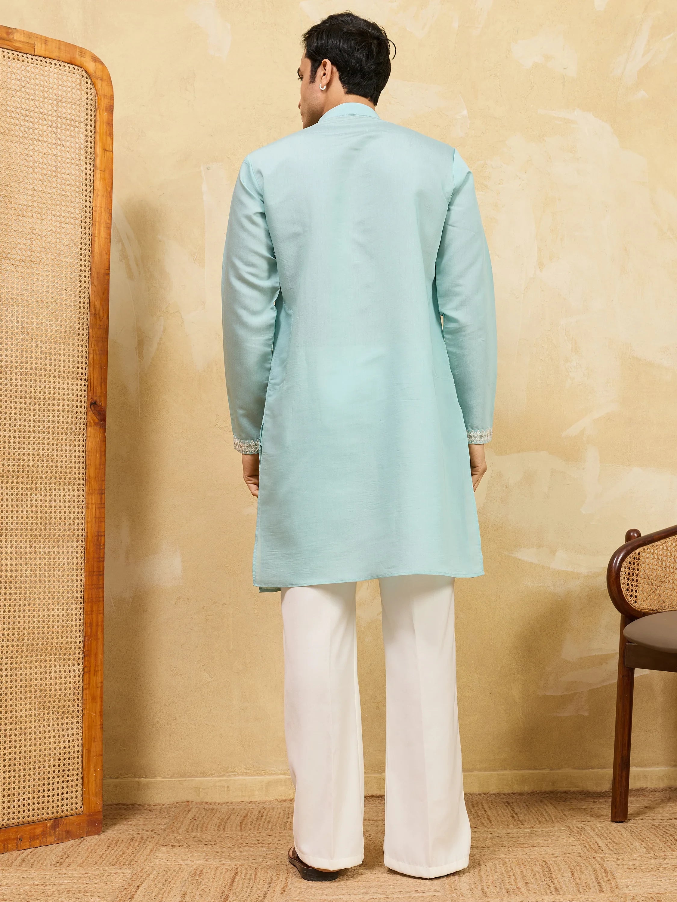 Stylish Sky-Blue Thread Embroidered Silk Wedding Wear Men’s Kurta