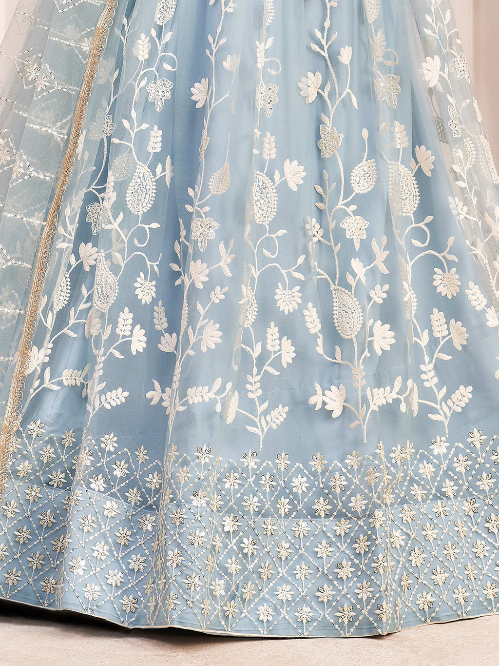 Sky Blue Magnificent Light Butterfly Net Cotton Thread Party Wear Lehenga