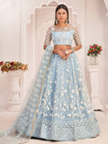 Sky Blue Magnificent Light Butterfly Net Cotton Thread Party Wear Lehenga