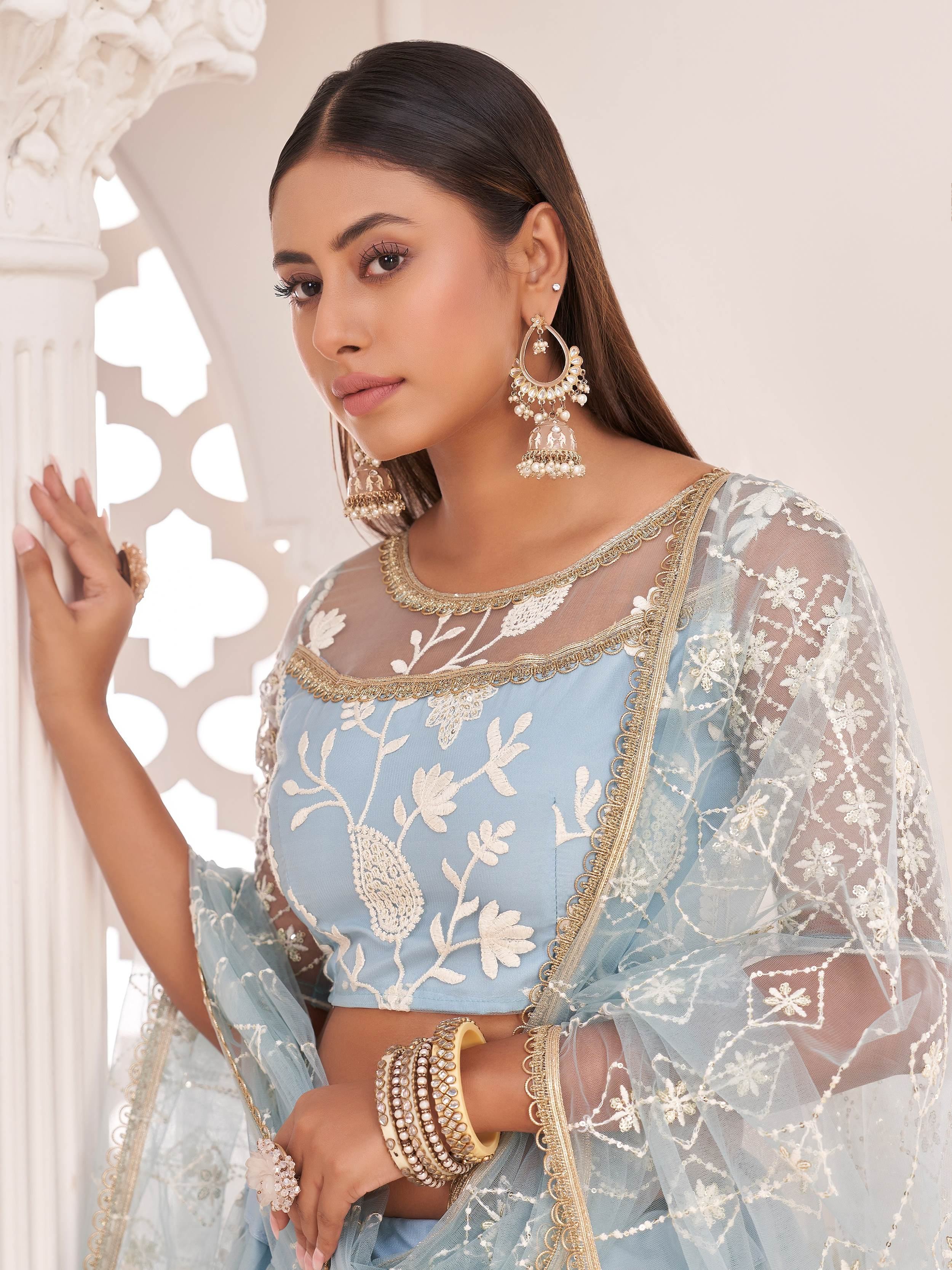 Sky Blue Magnificent Light Butterfly Net Cotton Thread Party Wear Lehenga