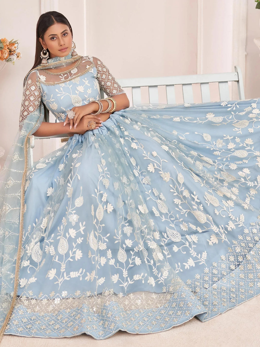 Sky Blue Magnificent Light Butterfly Net Cotton Thread Party Wear Lehenga