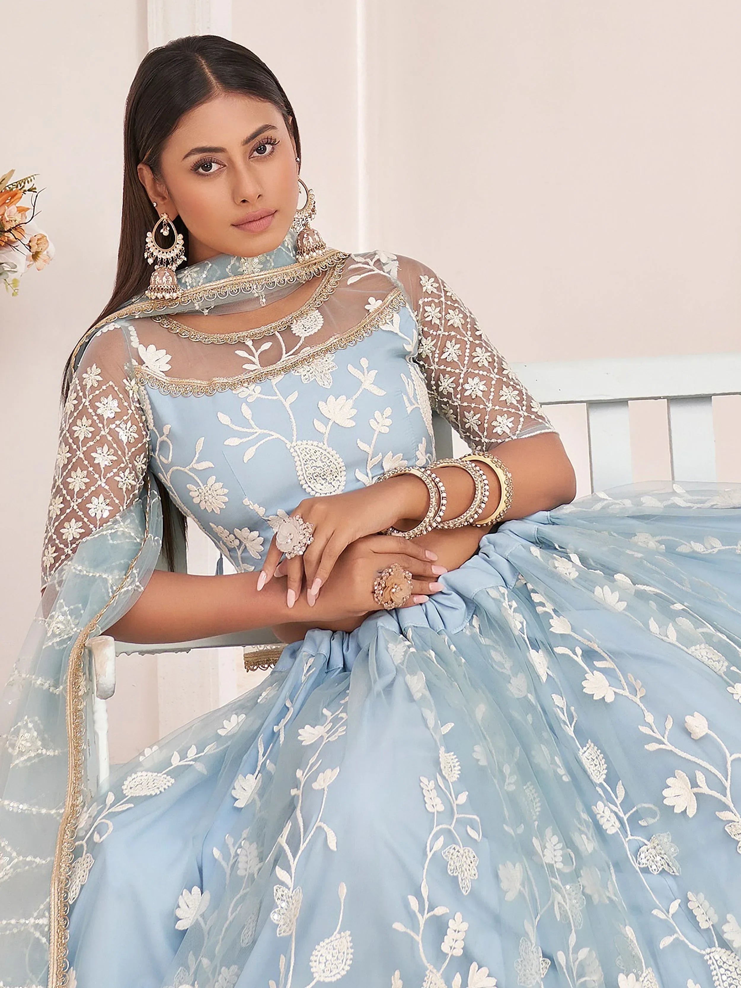 Sky Blue Magnificent Light Butterfly Net Cotton Thread Party Wear Lehenga