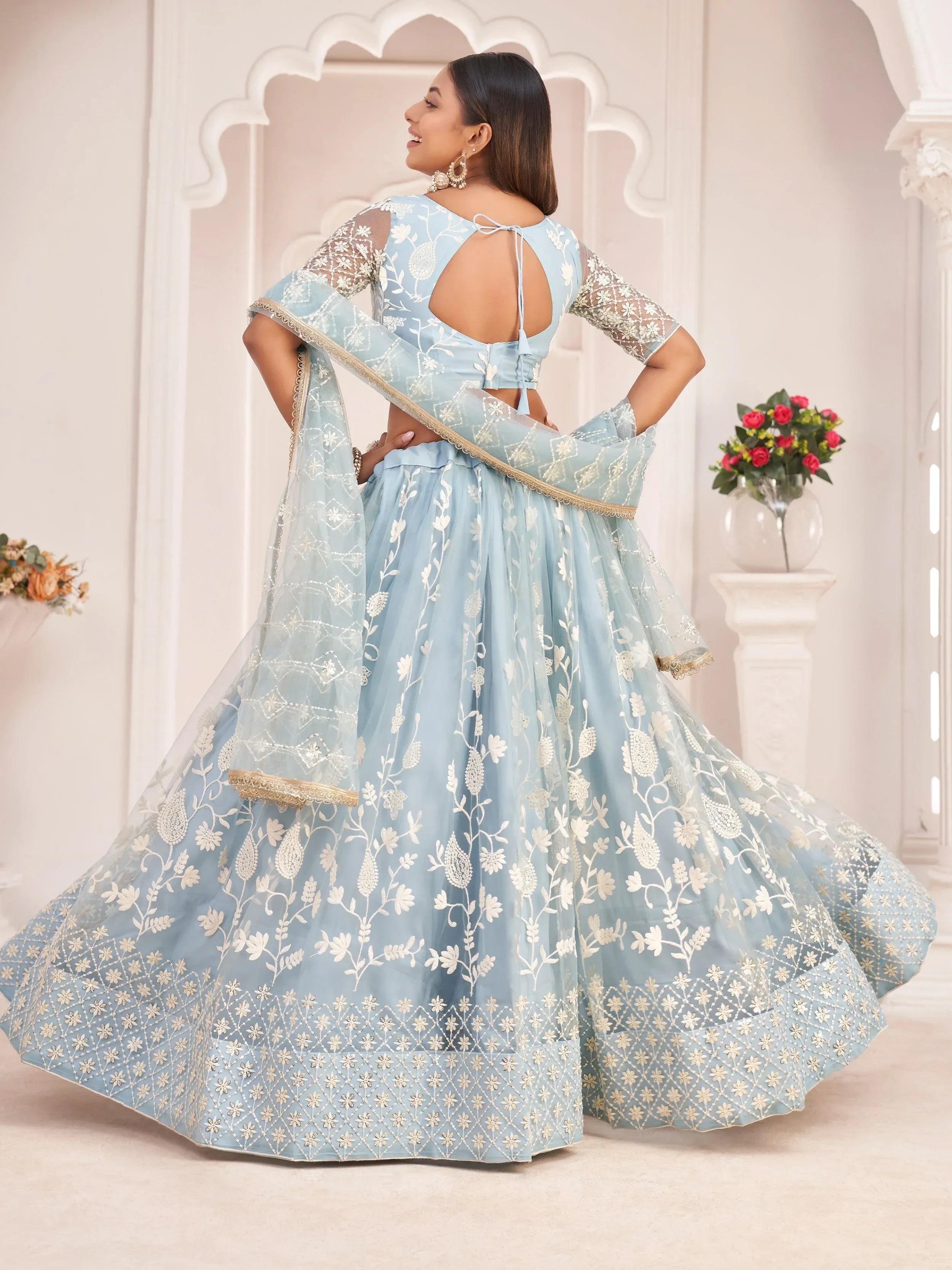 Sky Blue Magnificent Light Butterfly Net Cotton Thread Party Wear Lehenga