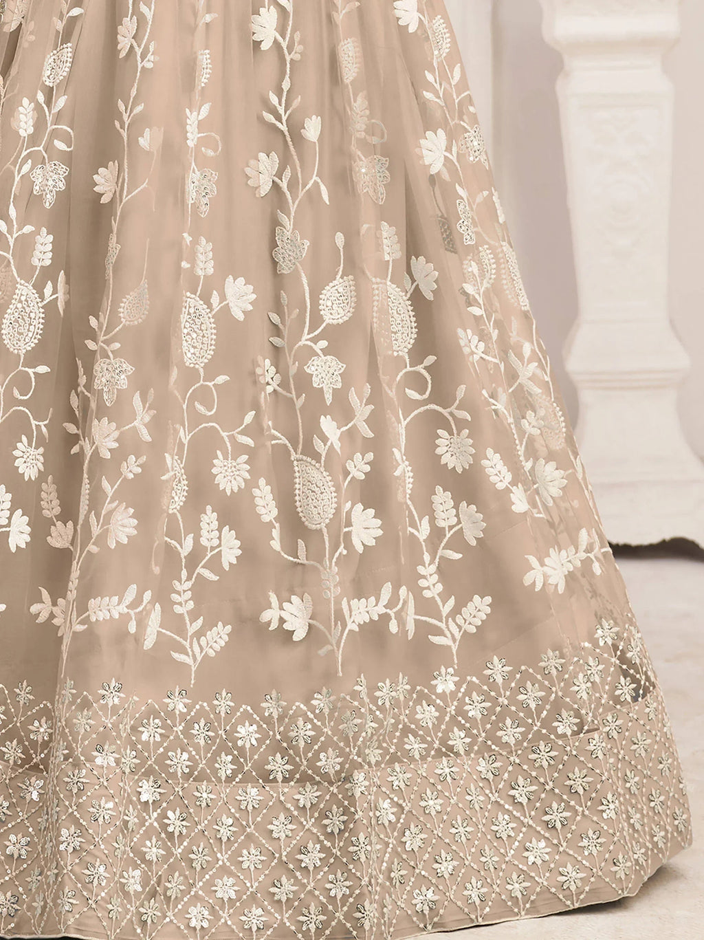 Beige Magnificent Light Butterfly Net Cotton Thread Party Wear Lehenga