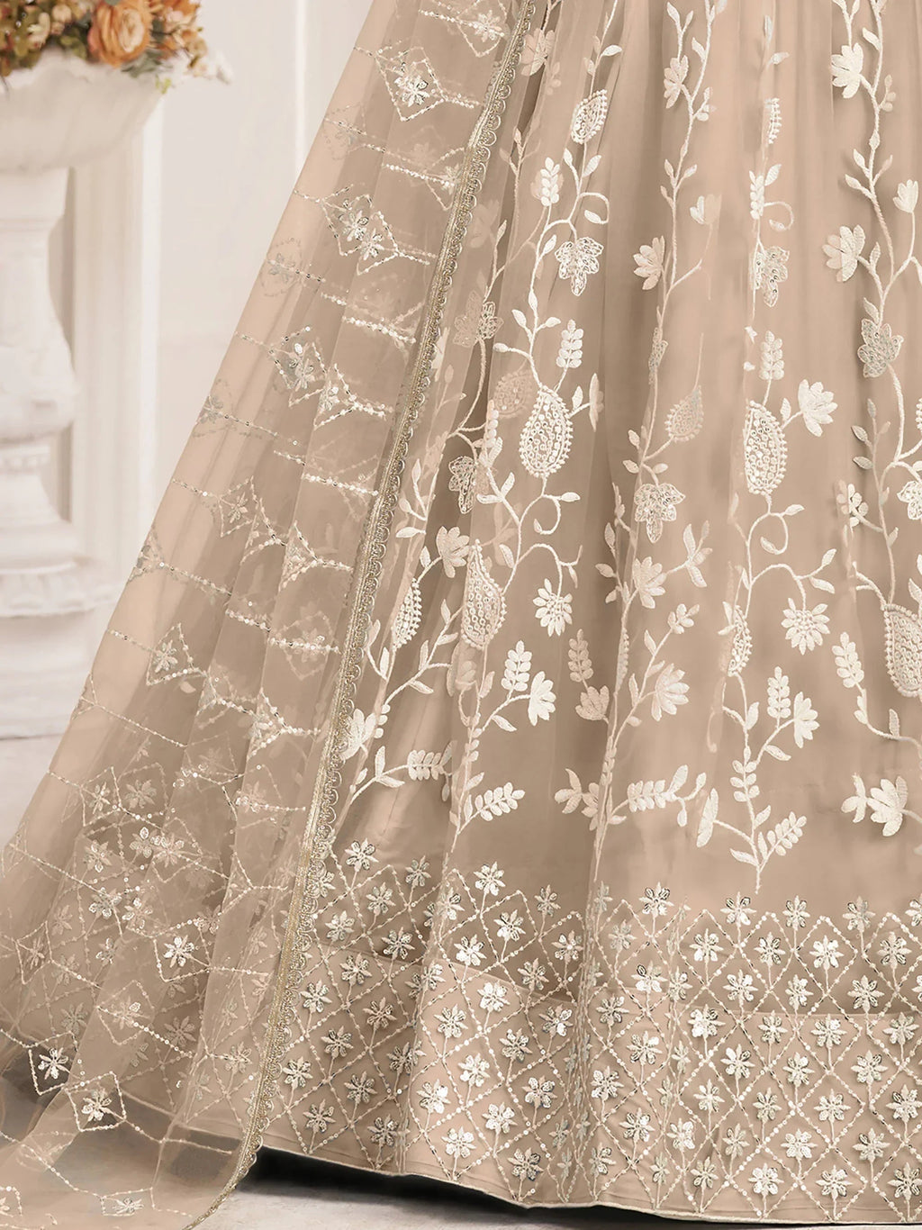 Beige Magnificent Light Butterfly Net Cotton Thread Party Wear Lehenga